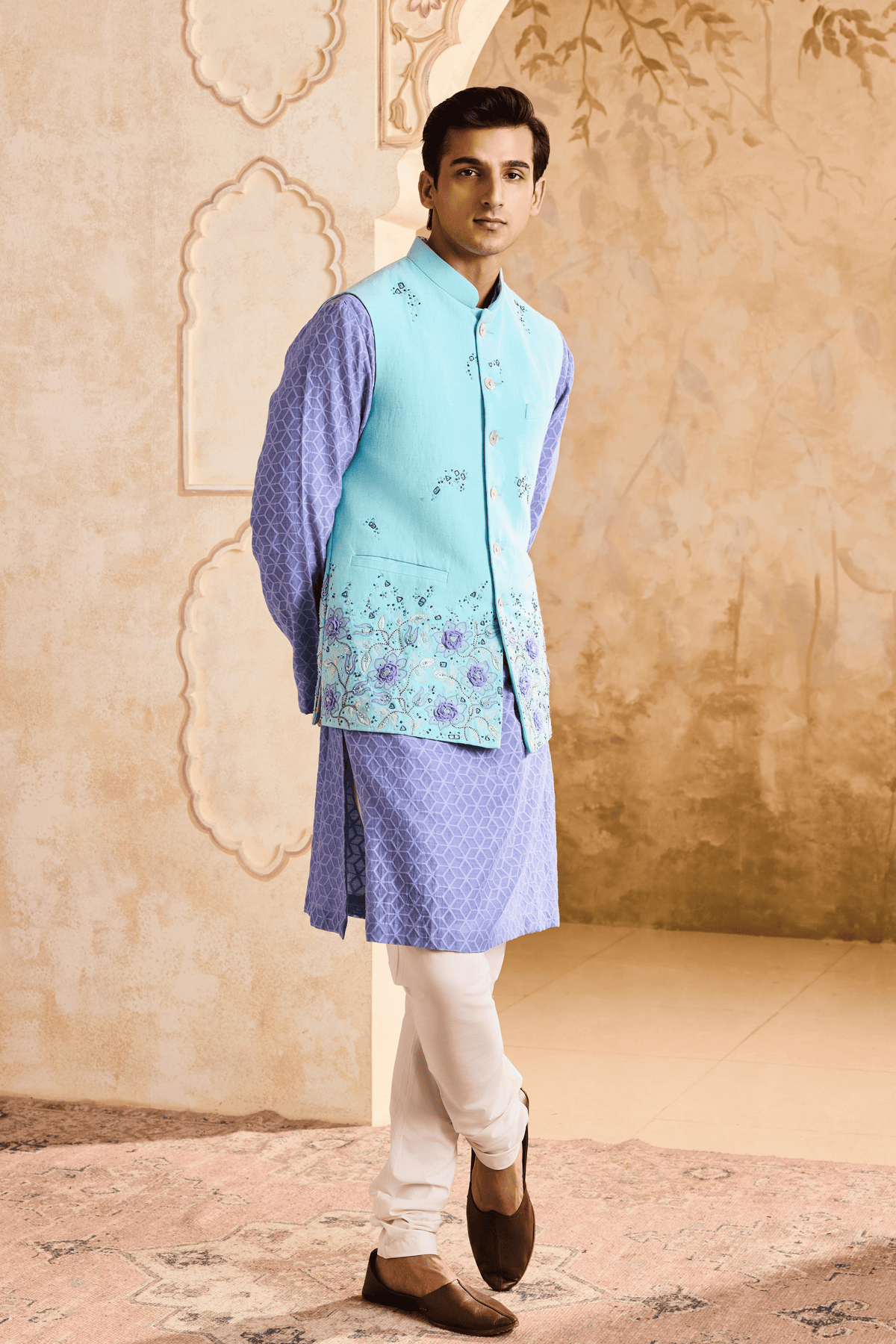 Turq Nehru Jacket Kurta Ivory Set