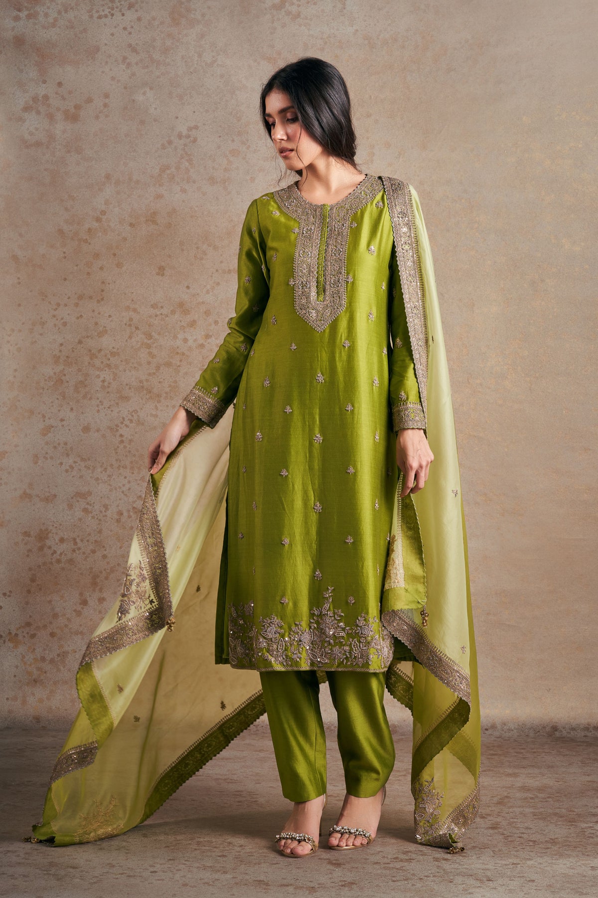 Artisanal Olive Green Dori Kurta Set