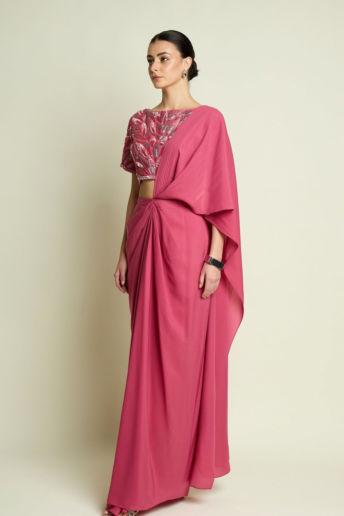 Pastel Pink Draped Saree Set