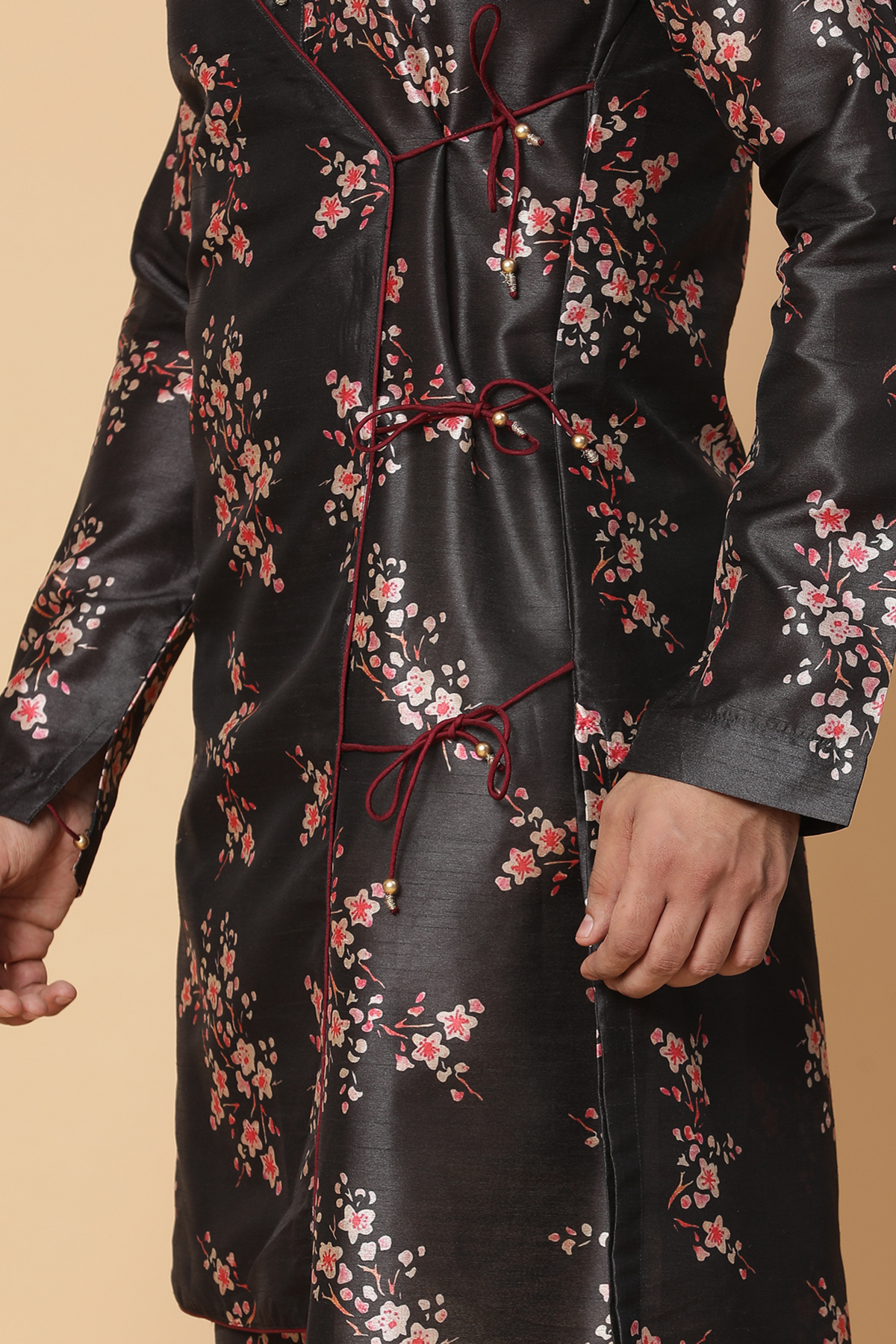 Black floral silk kurta