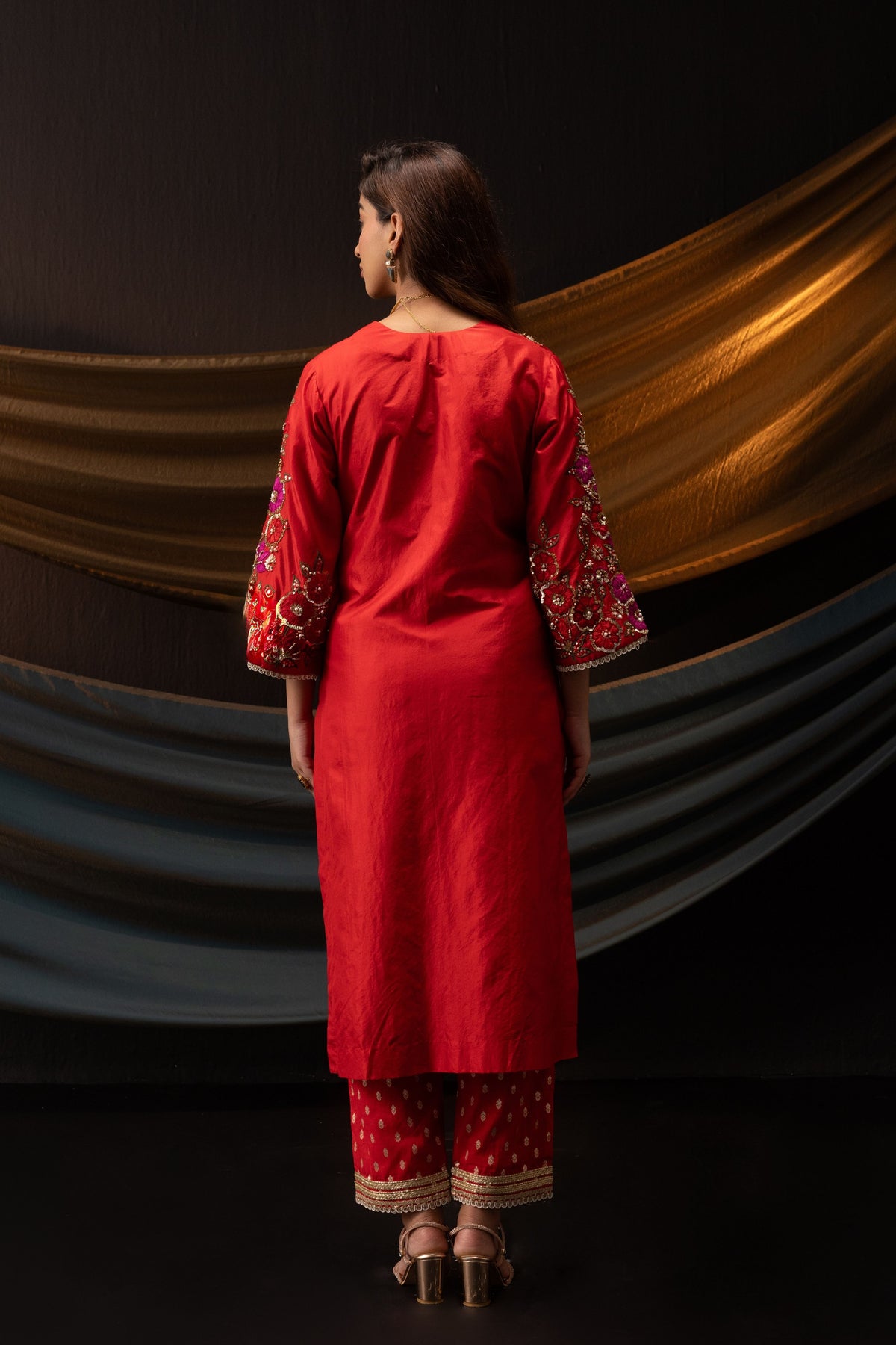 Red 3D Floral Kurta Set