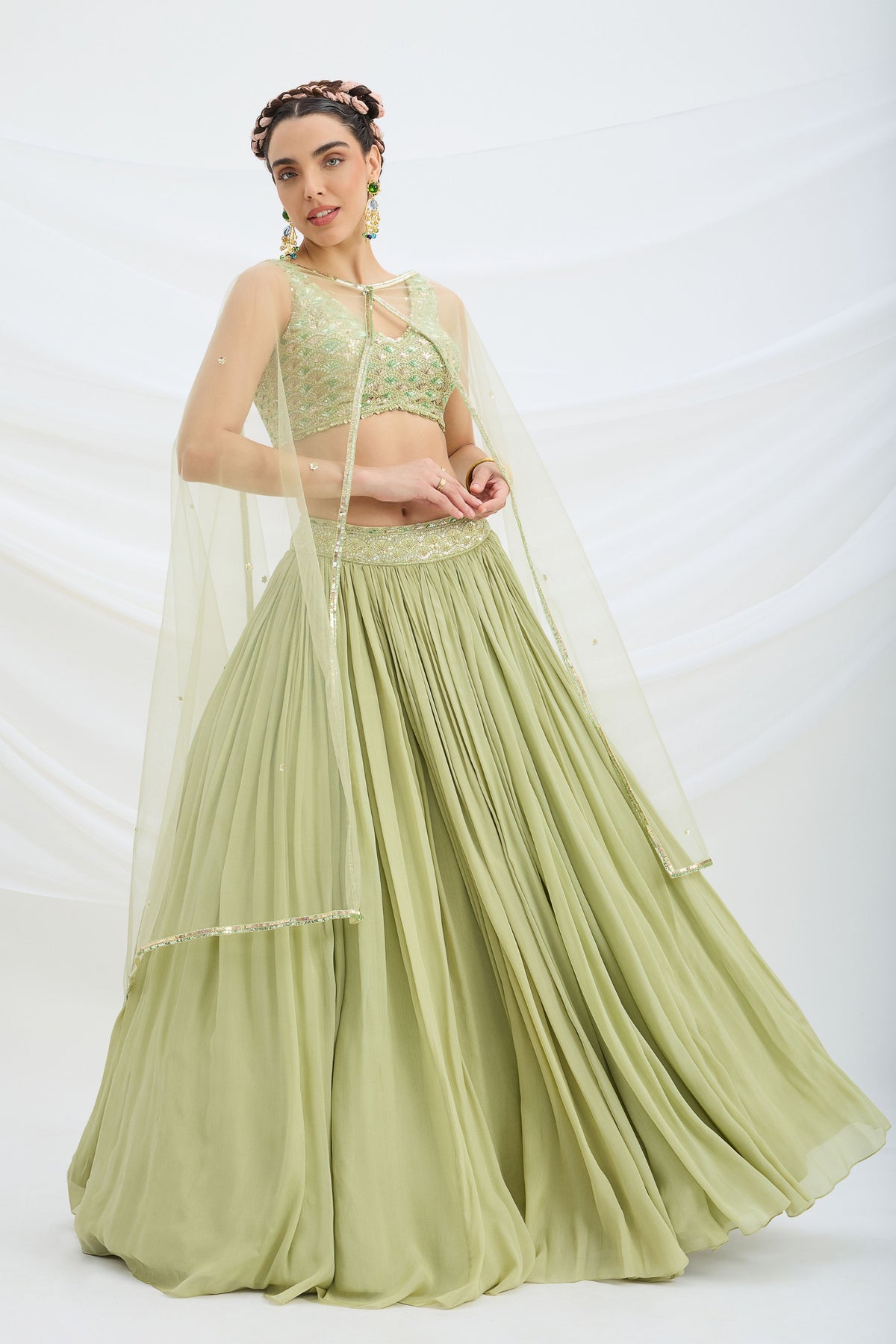 Pista Green Embroiered Lehenga Set