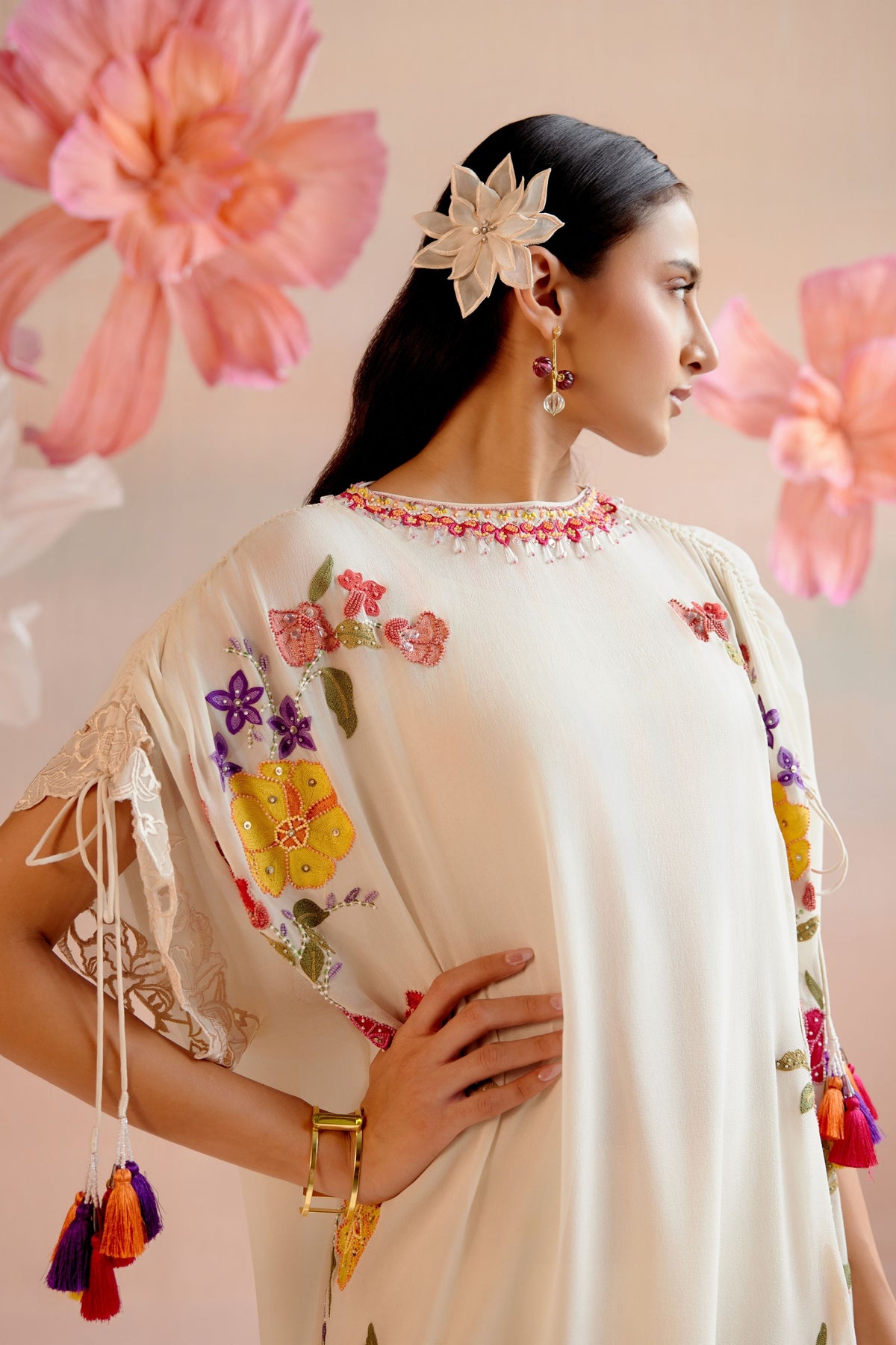 Ivory Floral Embroidered Kaftan Set