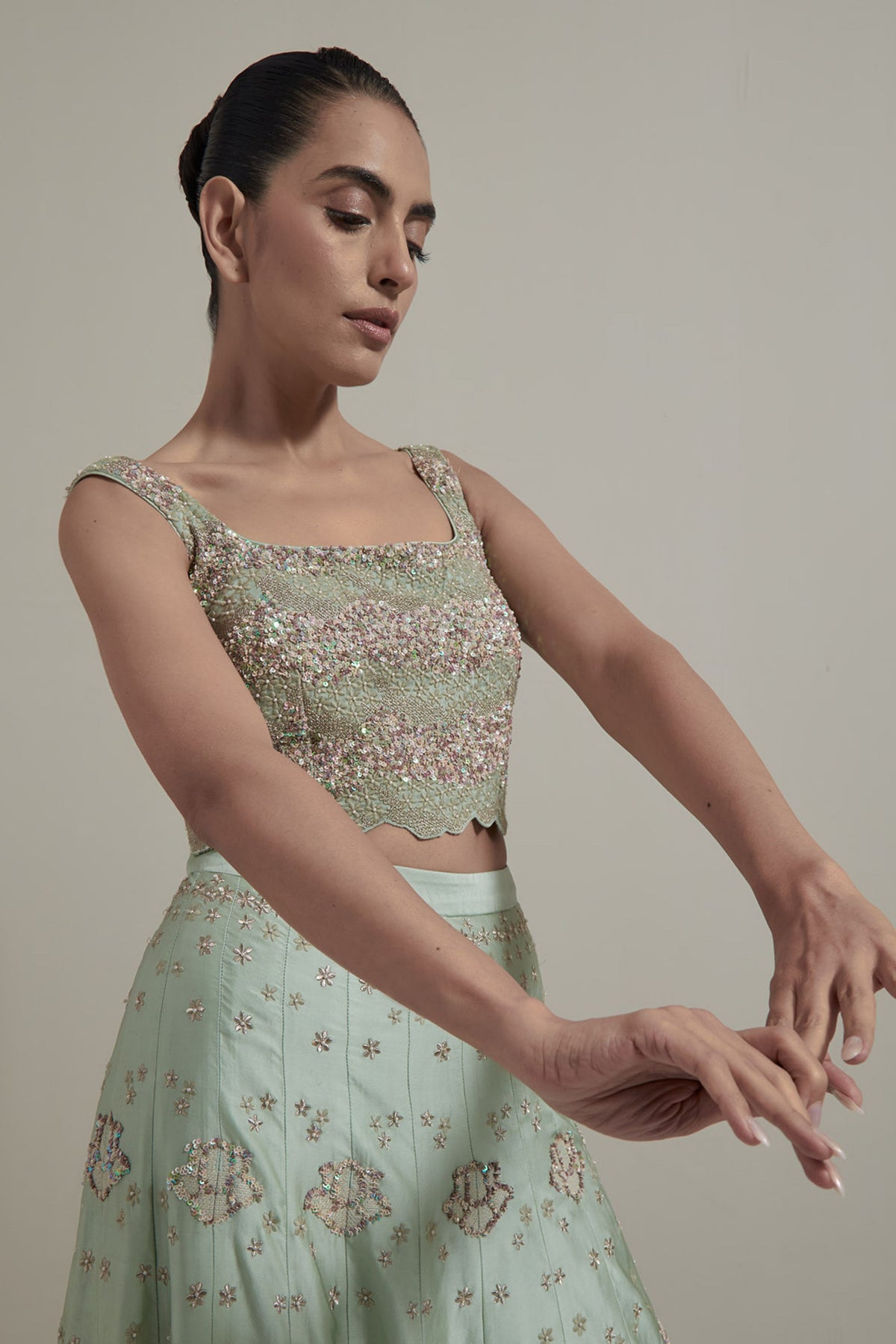 Green Embellished Lehenga Set