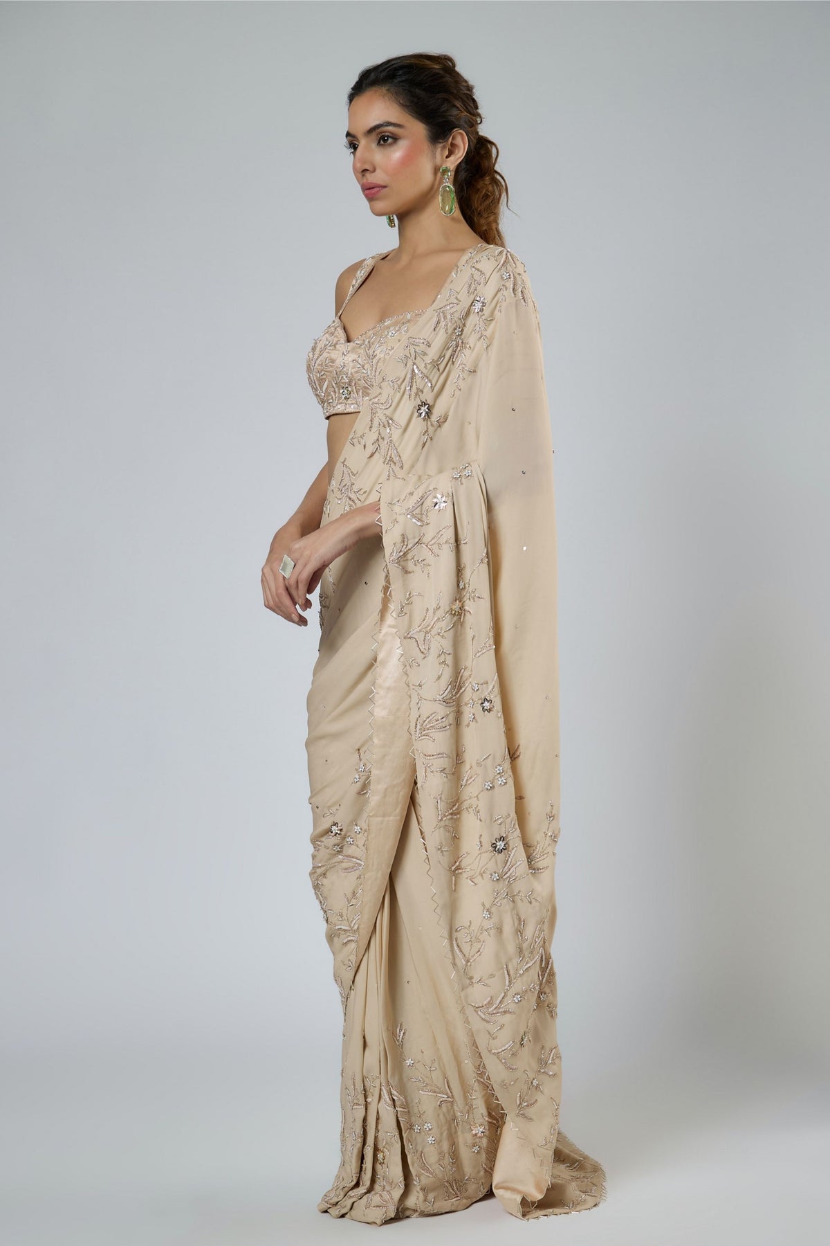 Beige Floral Draped Saree Set