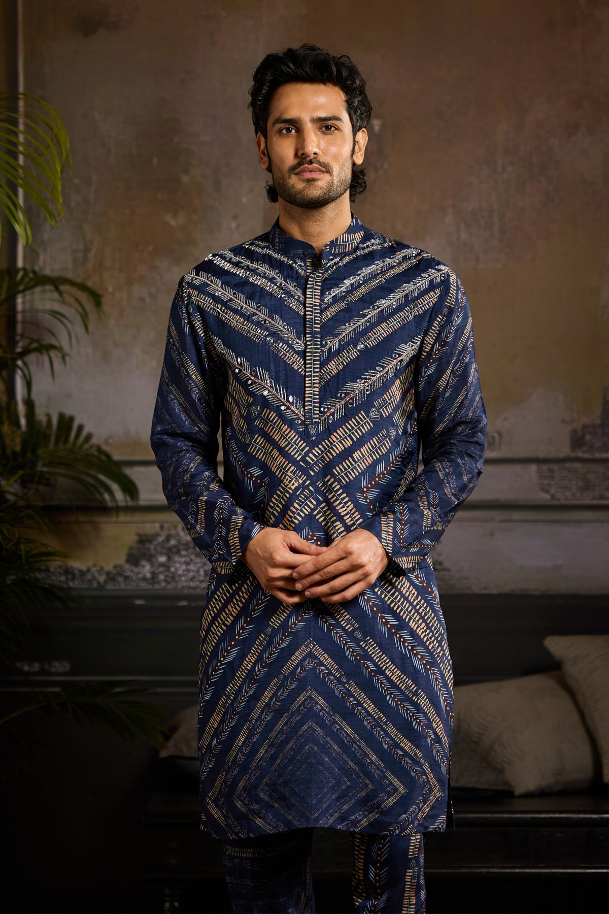 Blue Chevron Print Kurta Set