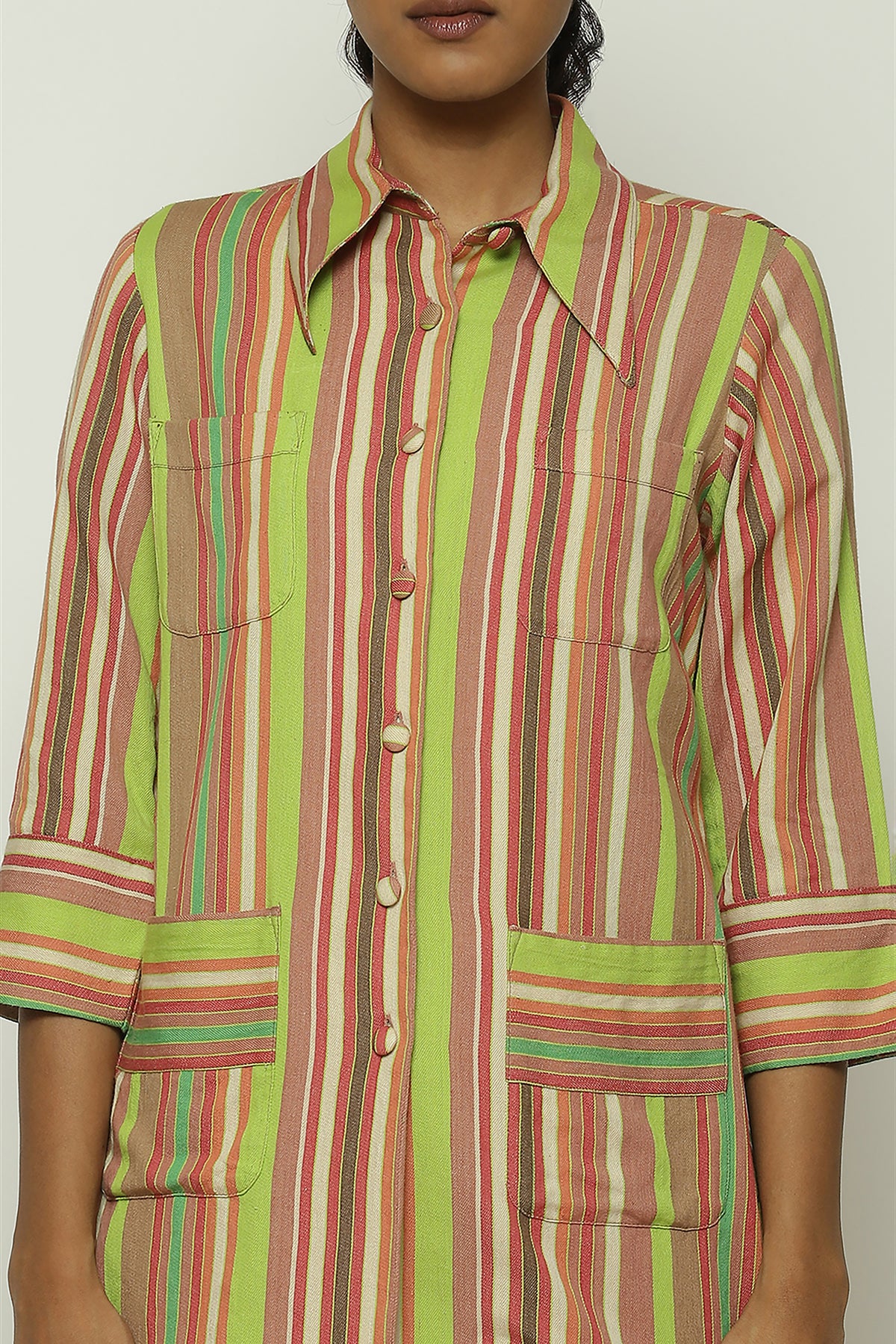 Green Multicolour Woven Stripes Shirt
