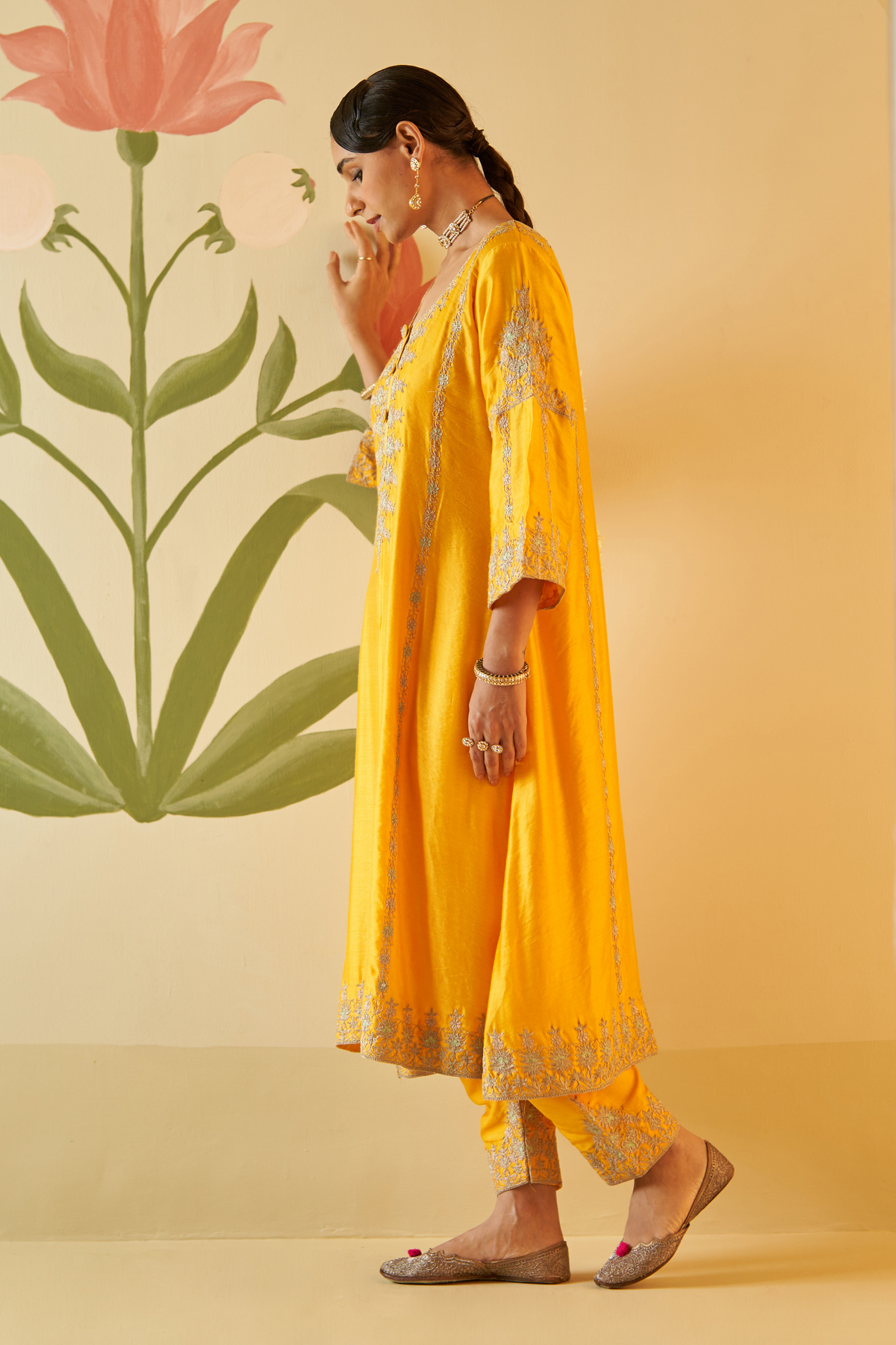 Yellow Chanderi Silk Choga Set