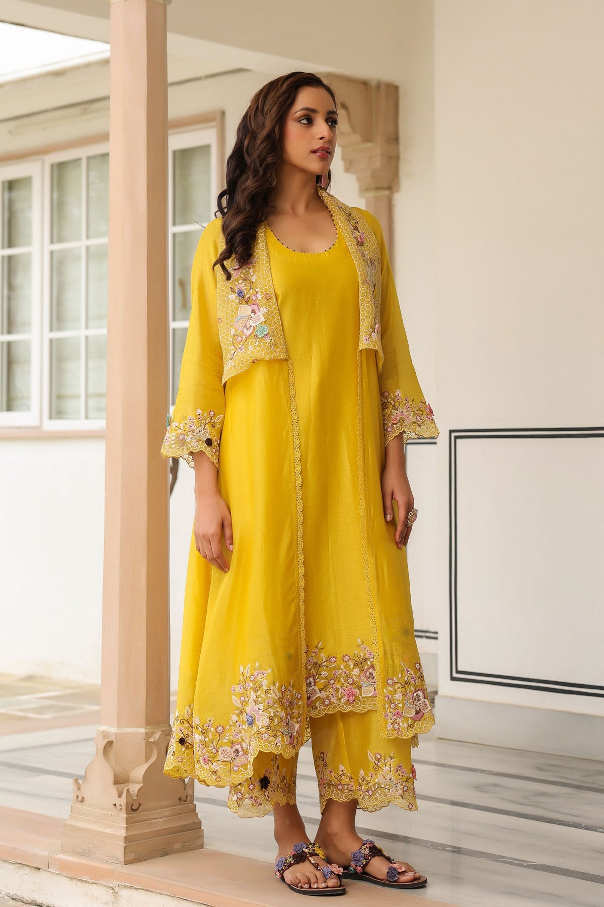 Gulzar Yellow Embroidered Jacket  Set
