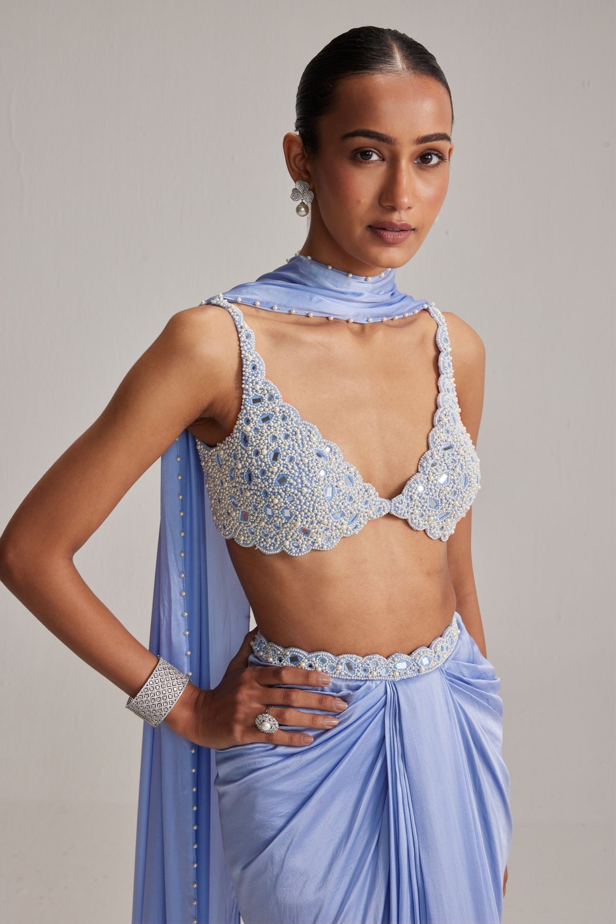Dew Blue Satin Draped Skirt Set