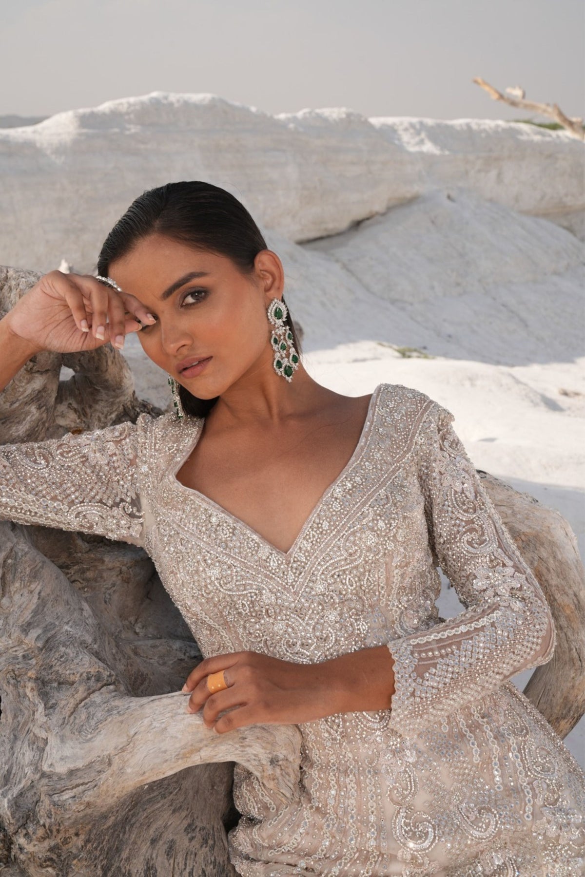 Ivory Fish Cut Embellished Gown