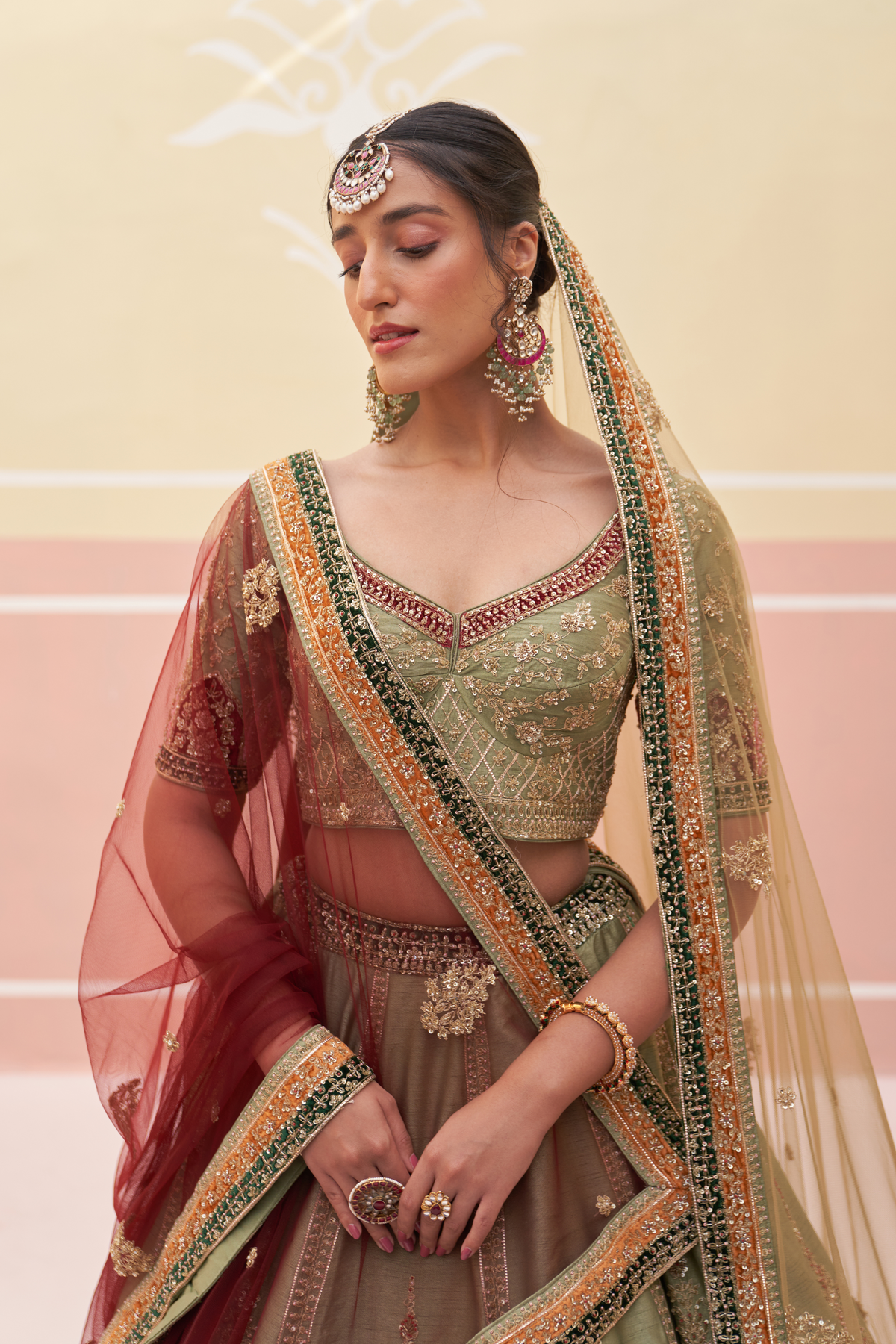 Green Raw Silk Lehenga Set