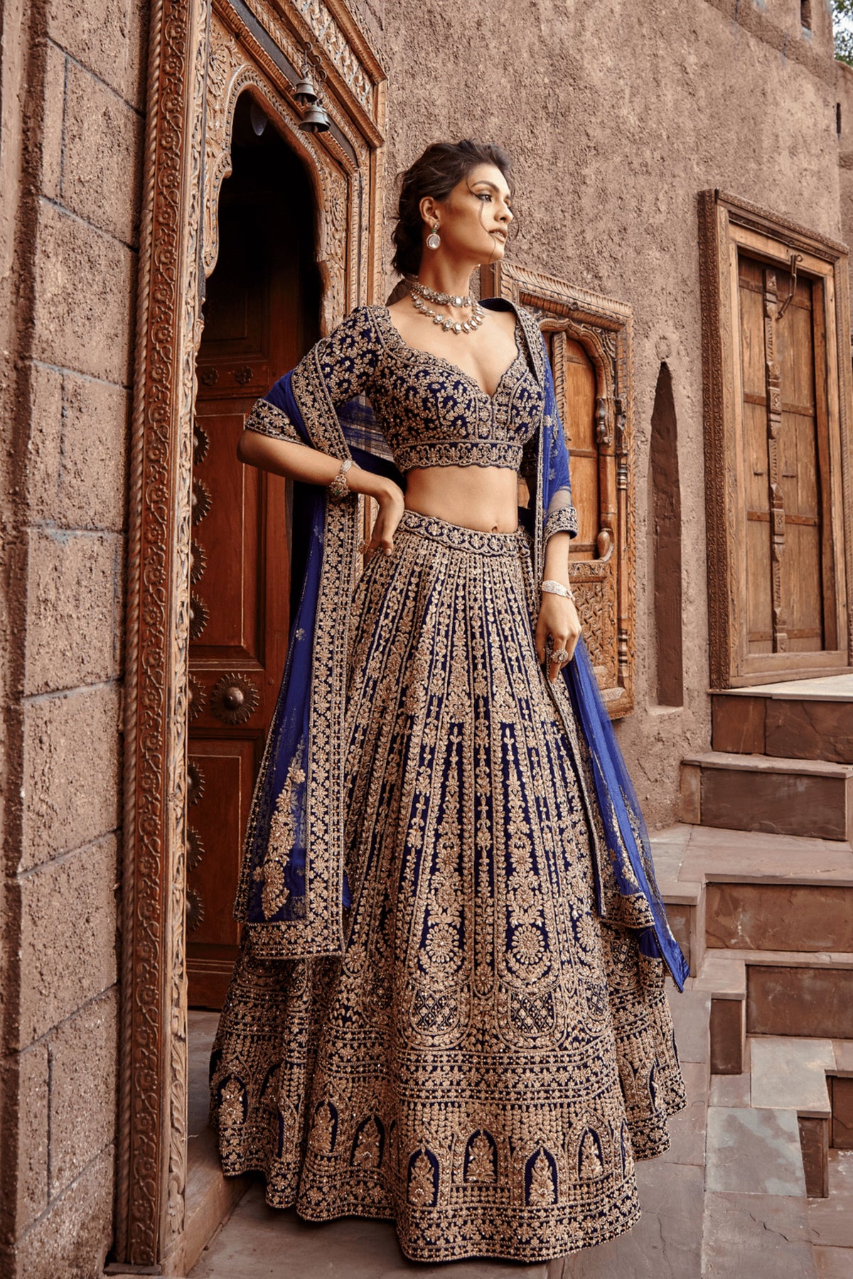 Navy Velvet Lehenga Set Dori Work