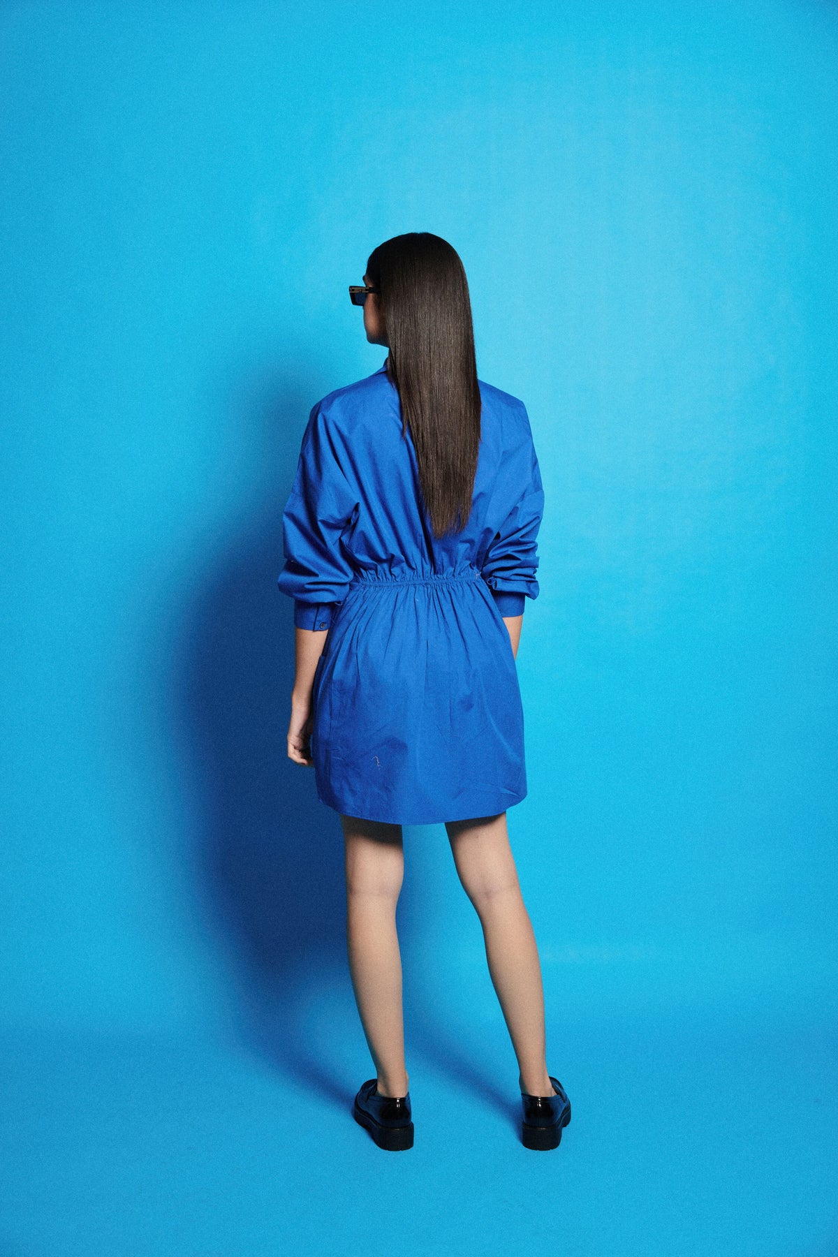 Ruched Asymmetric Blue Hem Poplin Dress