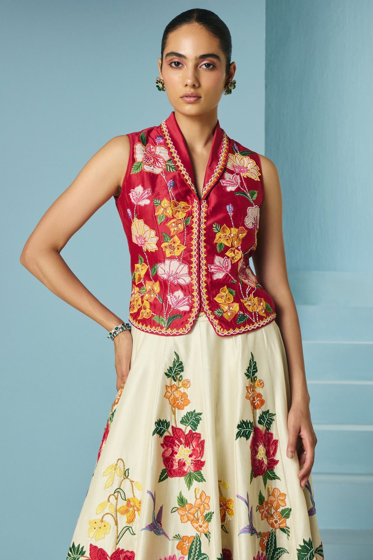 Red Floral Applique Waistcoat