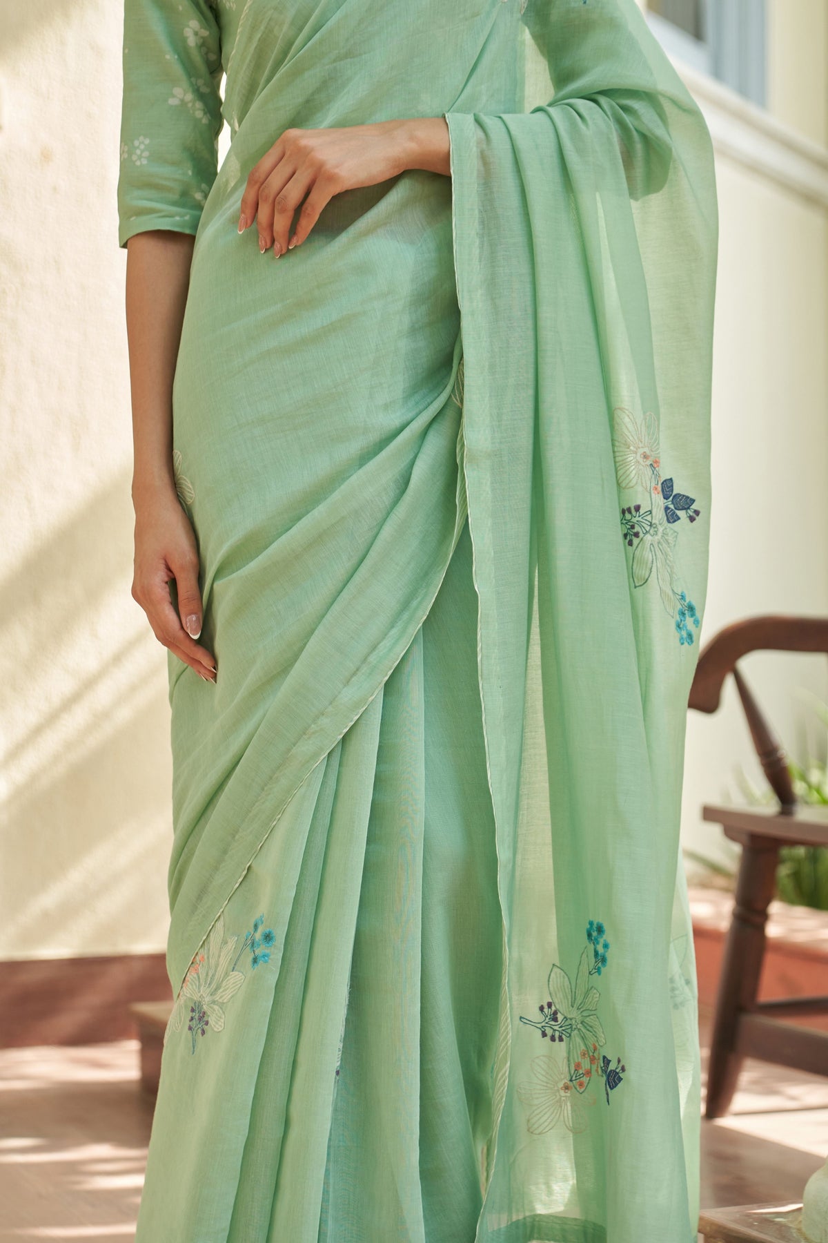 Mint Floral Threadwork Saree