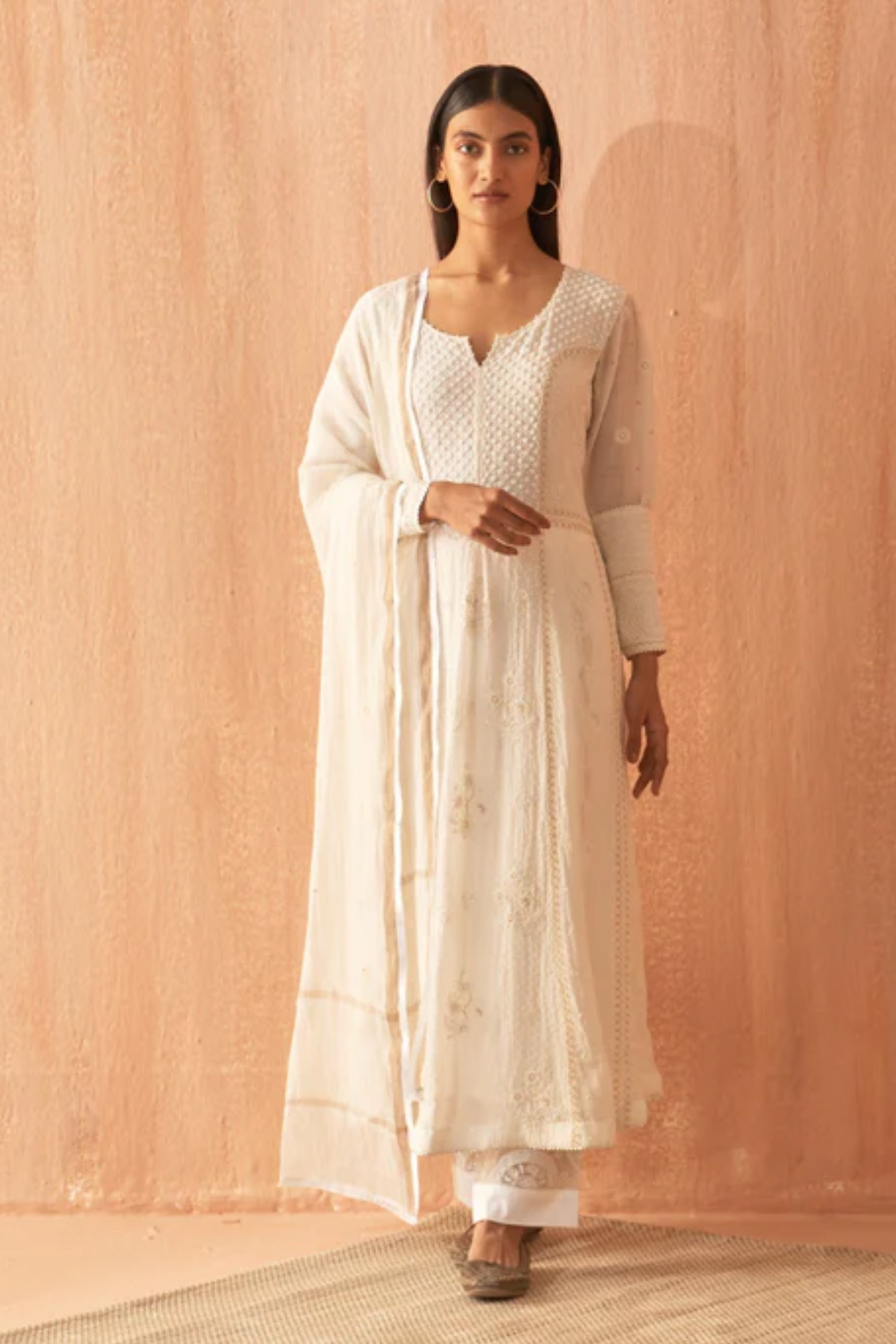 White Chanderi Anarkali Set