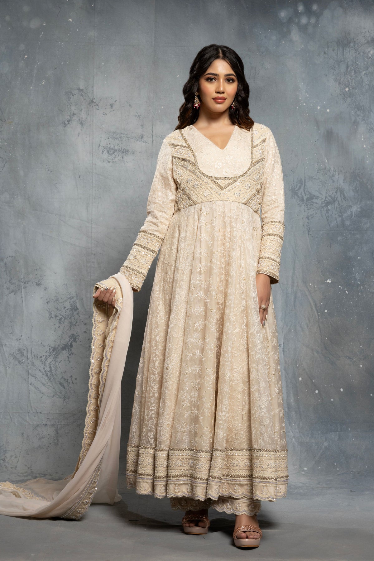 Embroidered Long-Sleeve Anarkali Set
