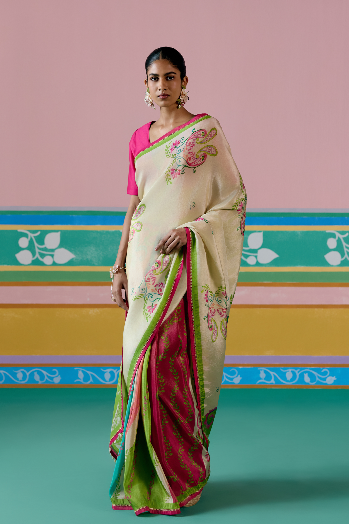 Ecru Green Paisley Saree