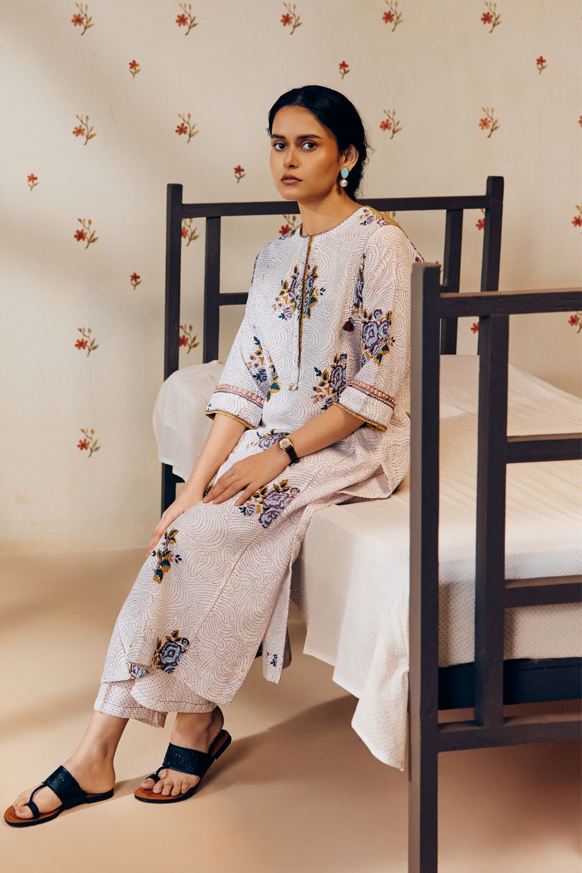 Off-white Rose Print Kurta Set