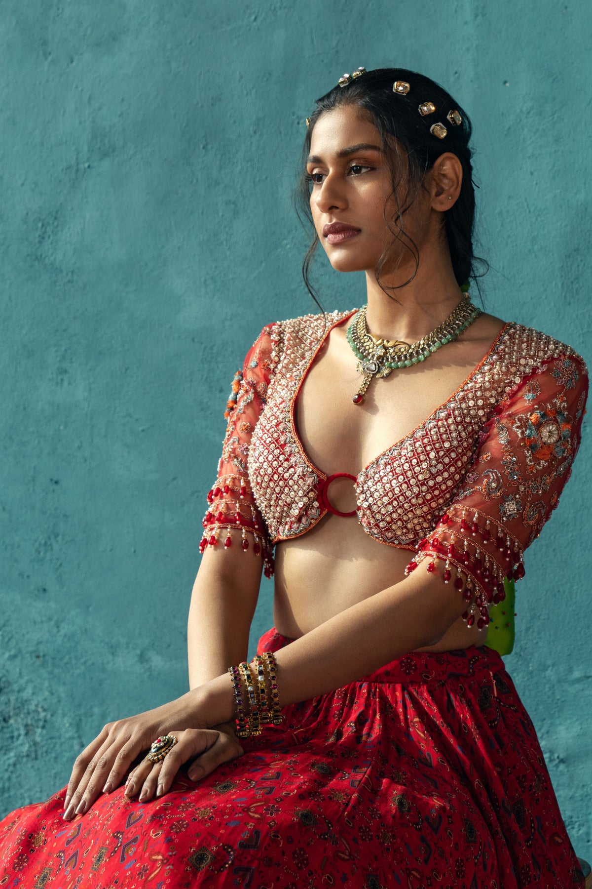 Deep Red Jaal Printed Lehenga Set