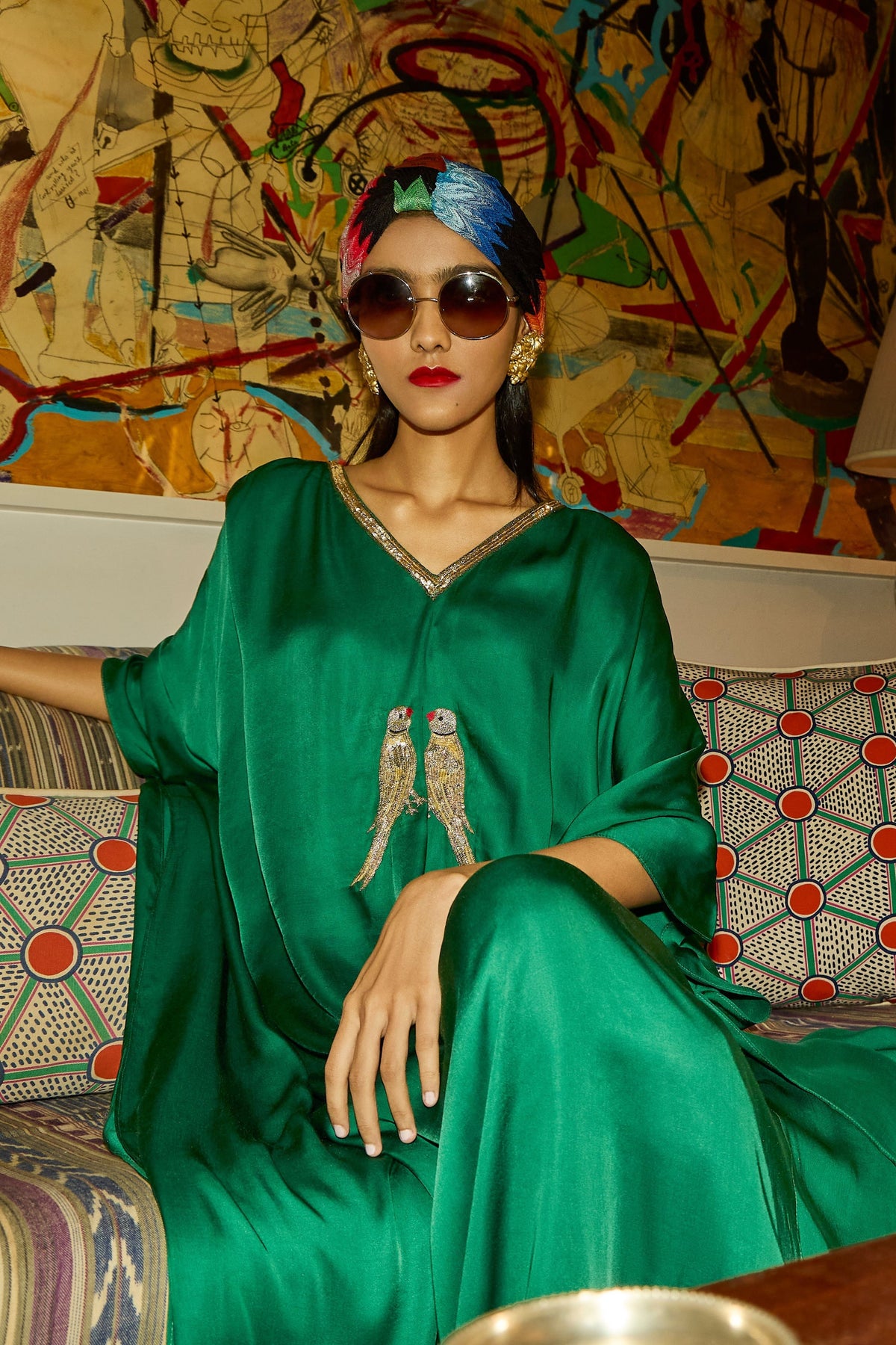 Green Kaftan With Parrot Motif