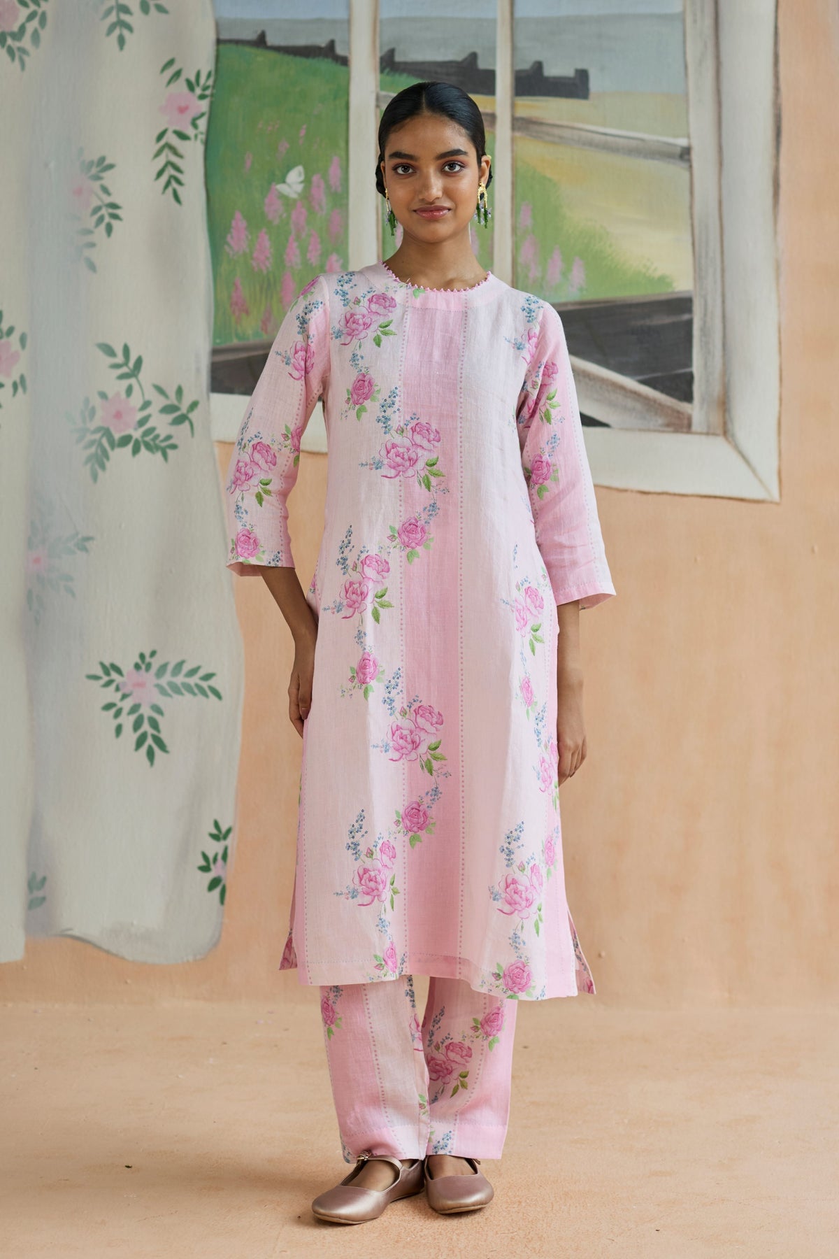 Rose Haze Long Kurta Set Linen