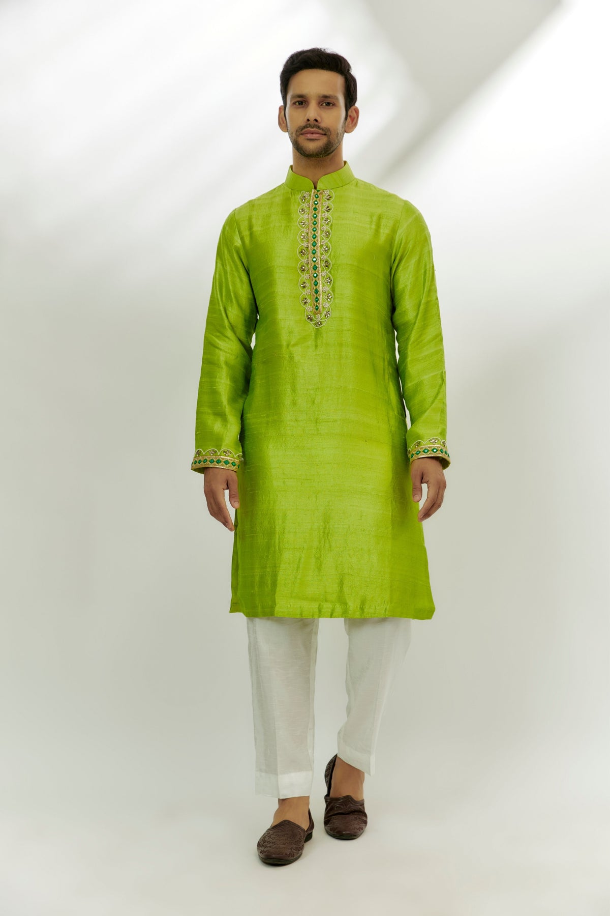 Lime Green Raw Silk Embroidered Kurta