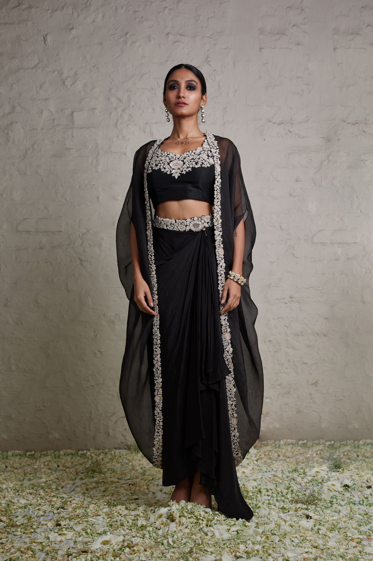 Silk Blouse With Organza Cape and Crepe Skirt