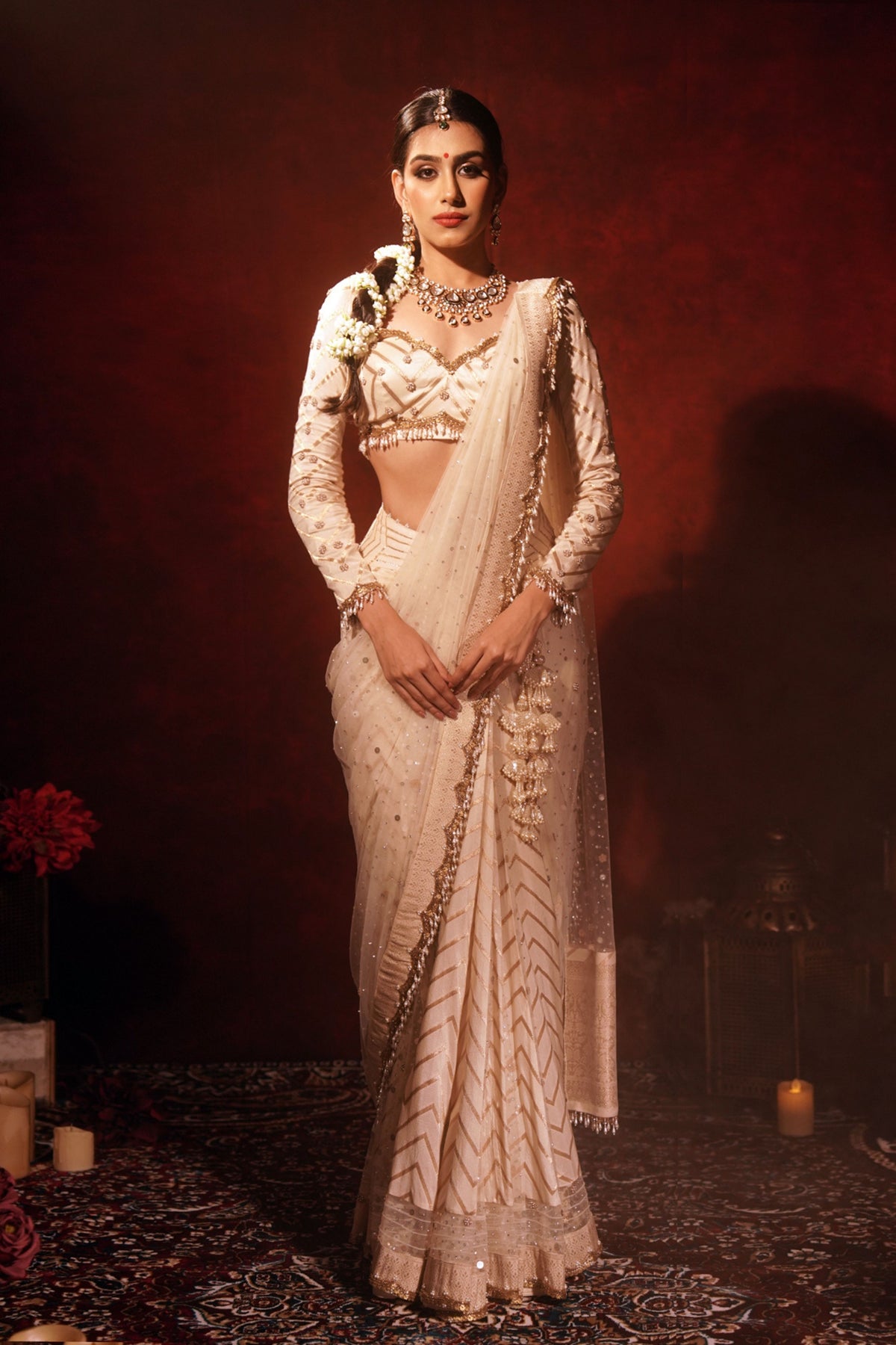 Chevron Ivory Kali Draped Saree Set