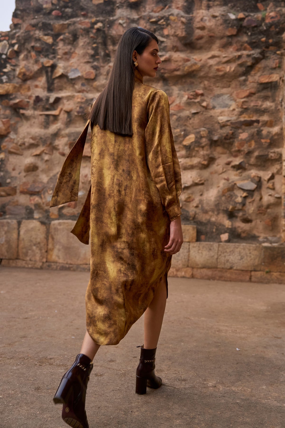 Mustard Neck Scarf Dress