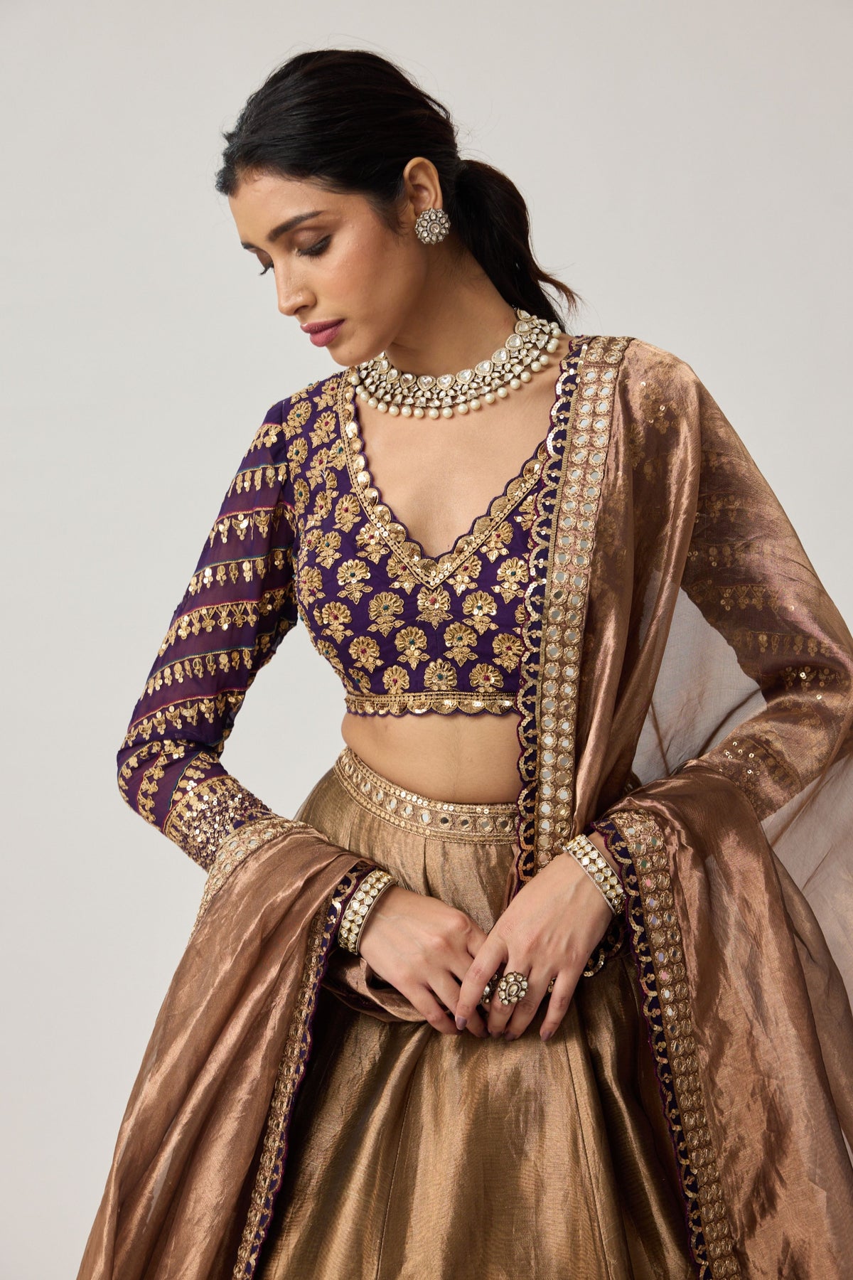 Copper Tissue Mughal Lehenga Set