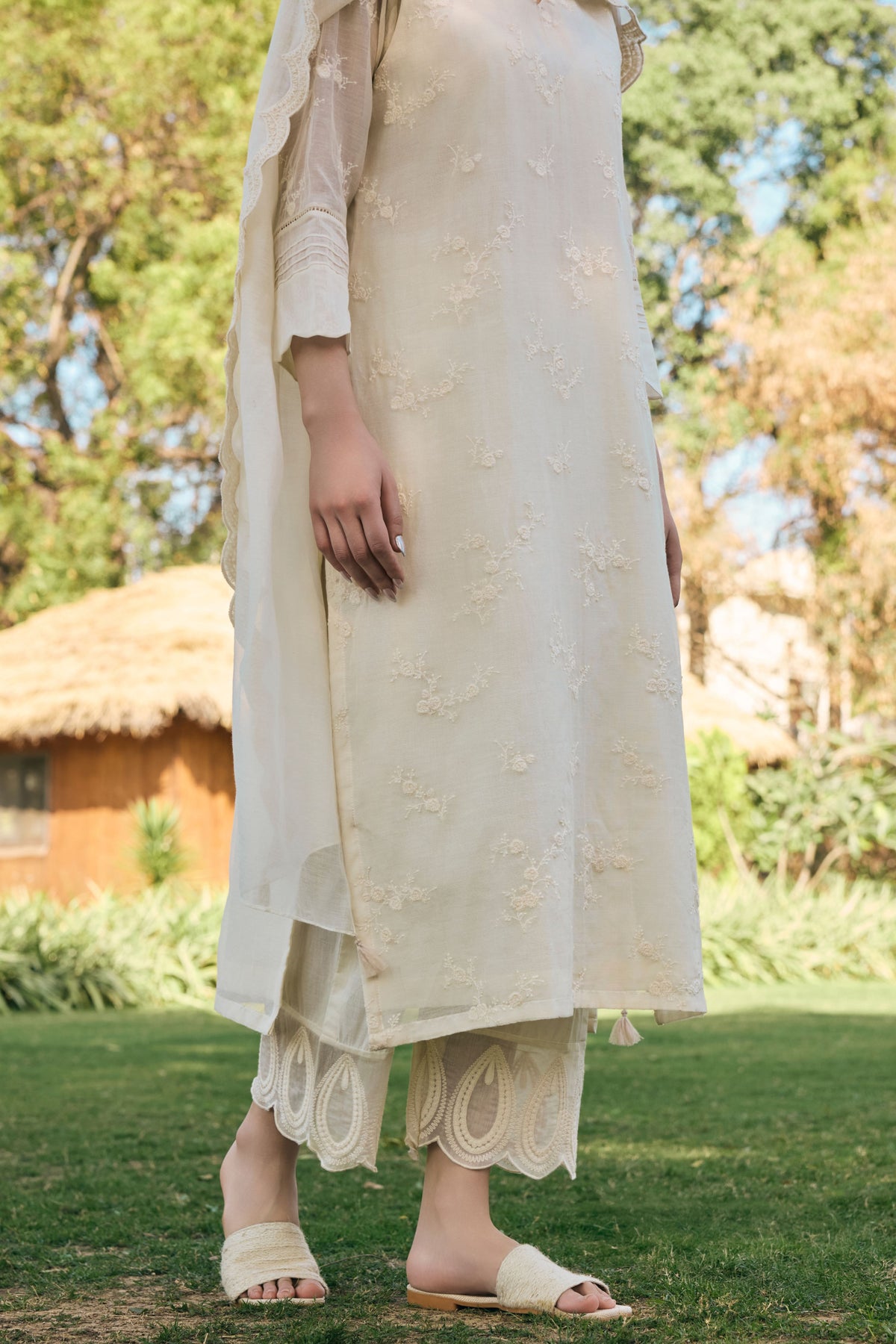 Ecru Embroidered Kurta Set