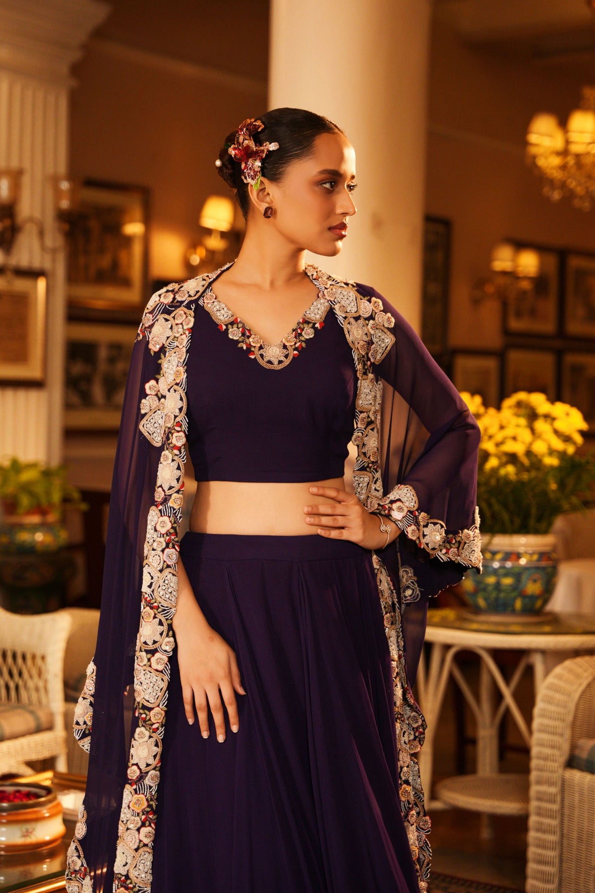 Hand Embroidered  Cape Lehenga Set