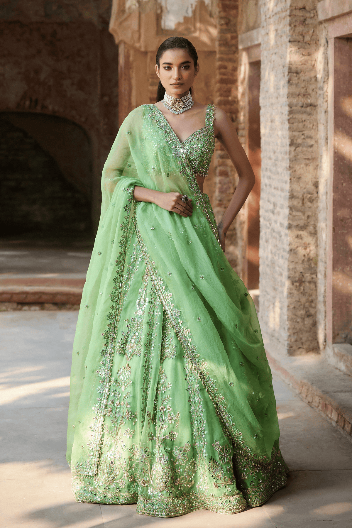 Lime Green Organza Lehenga Set