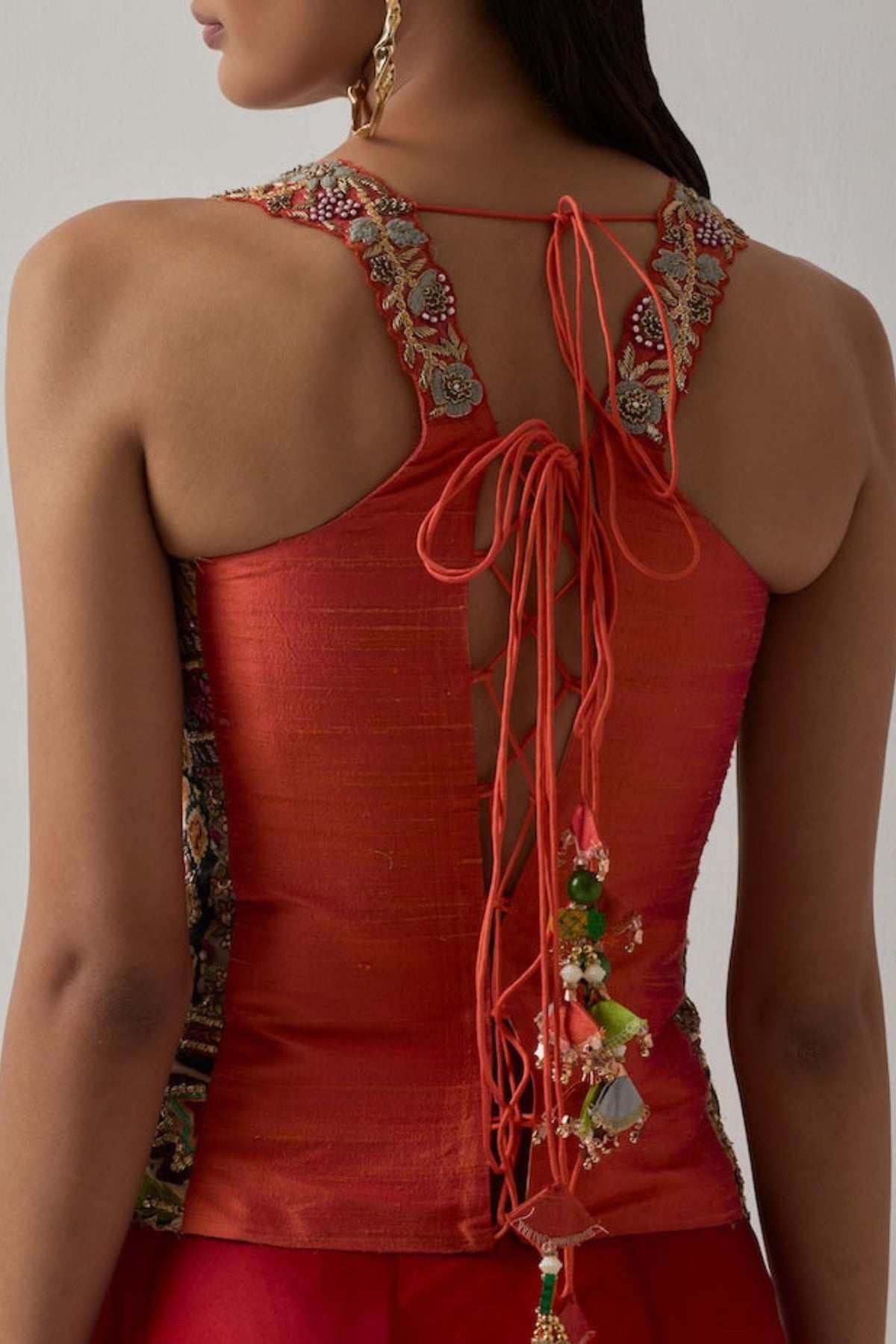 Multi Corset and Red Skirt