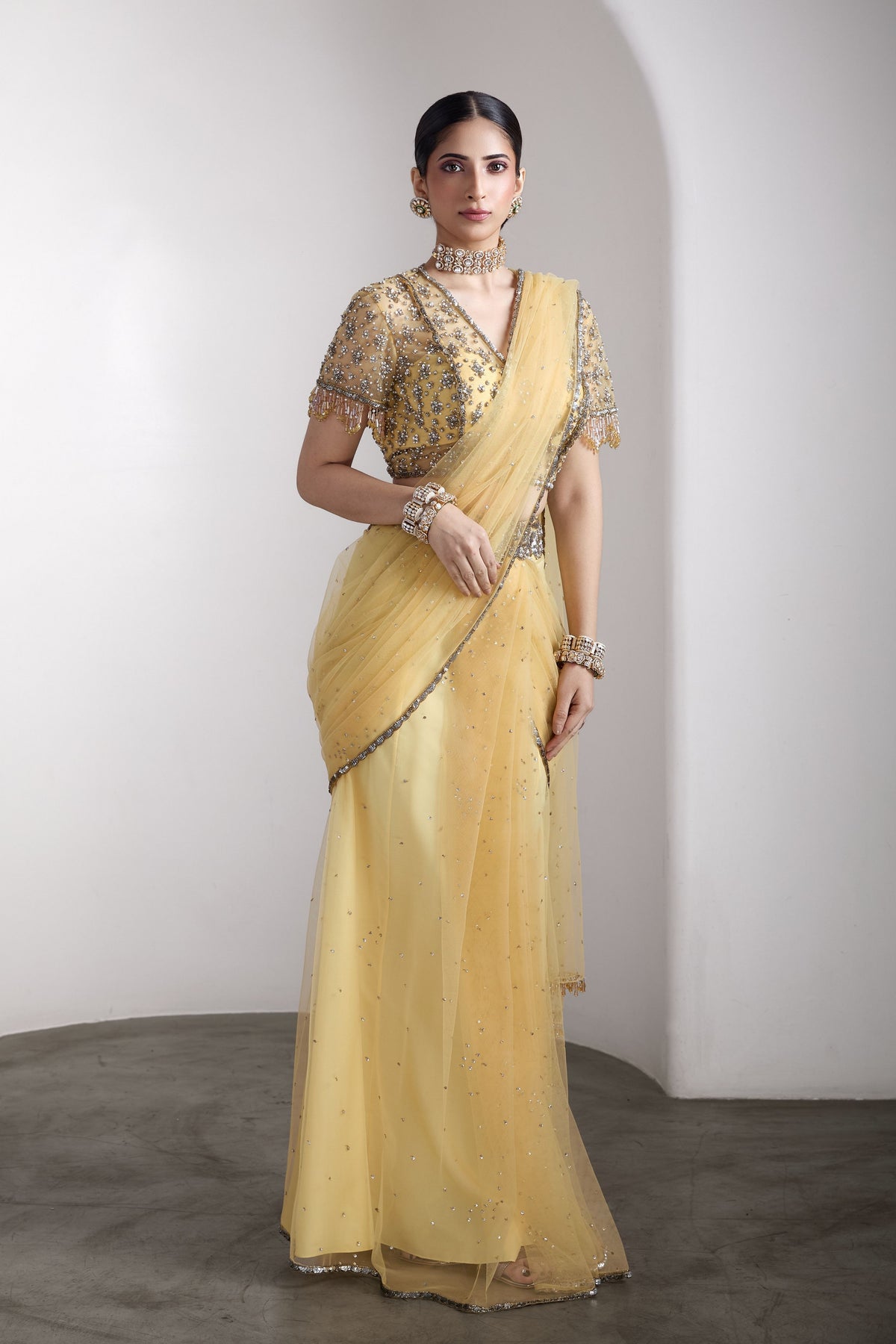 Yellow Embellished Saree Set