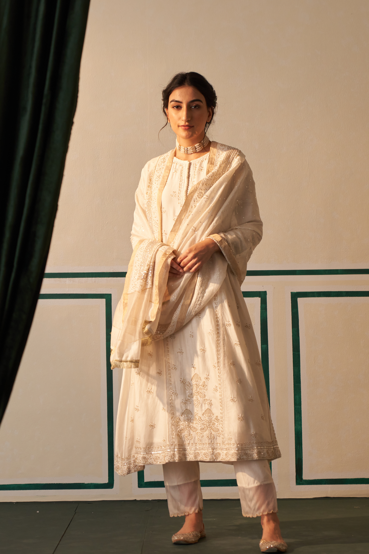 White Chanderi Chikankari  kurta set