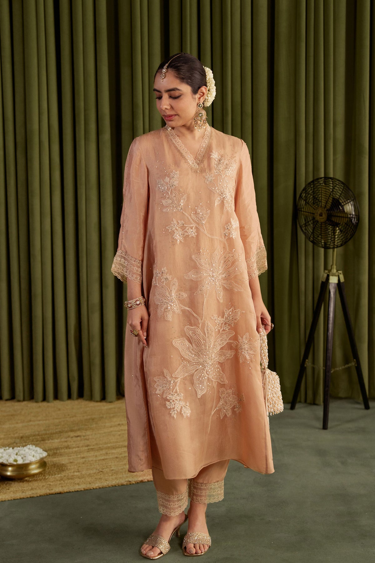 Golden Beige Embroidery Kurta Set