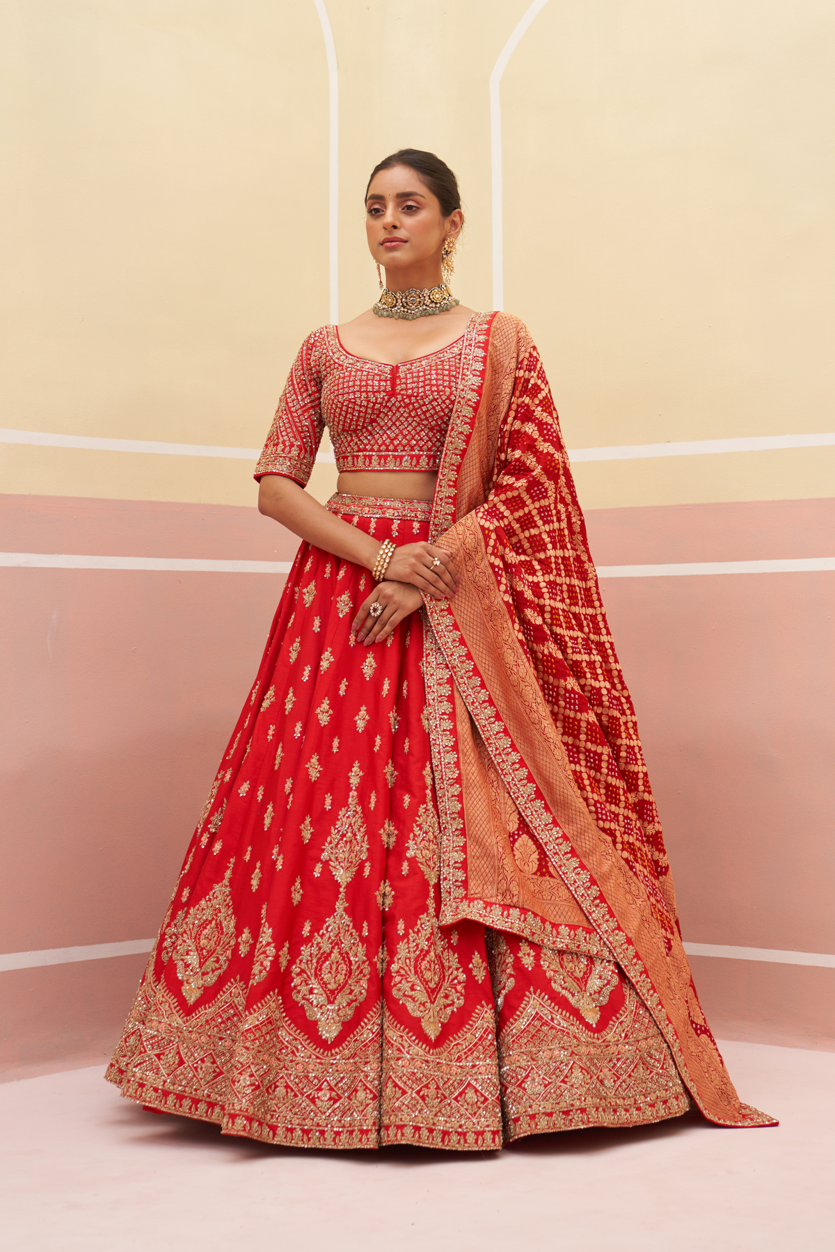 Embroidered Red Raw Silk Lehenga Set