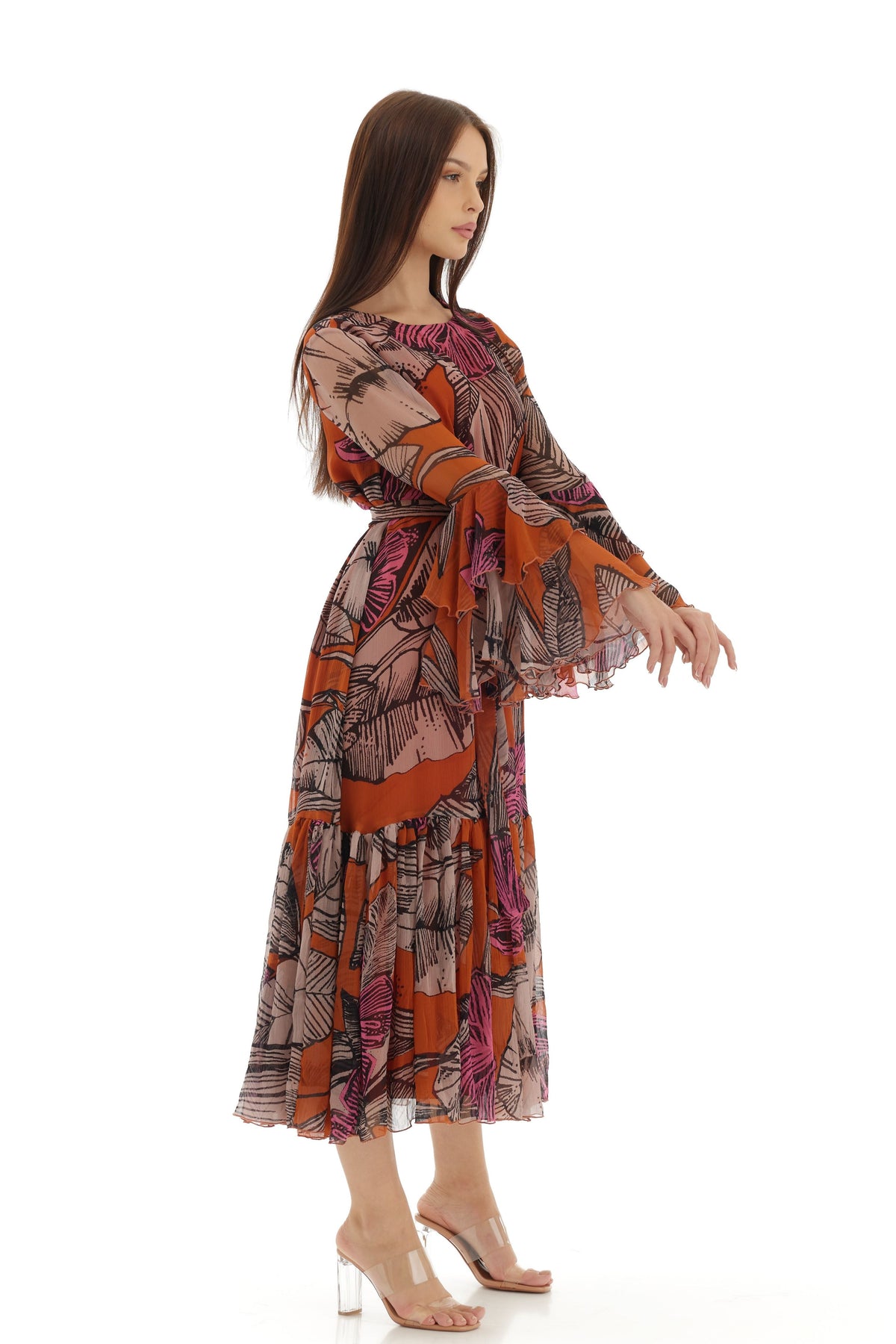 Orange and Beige Midi Dress