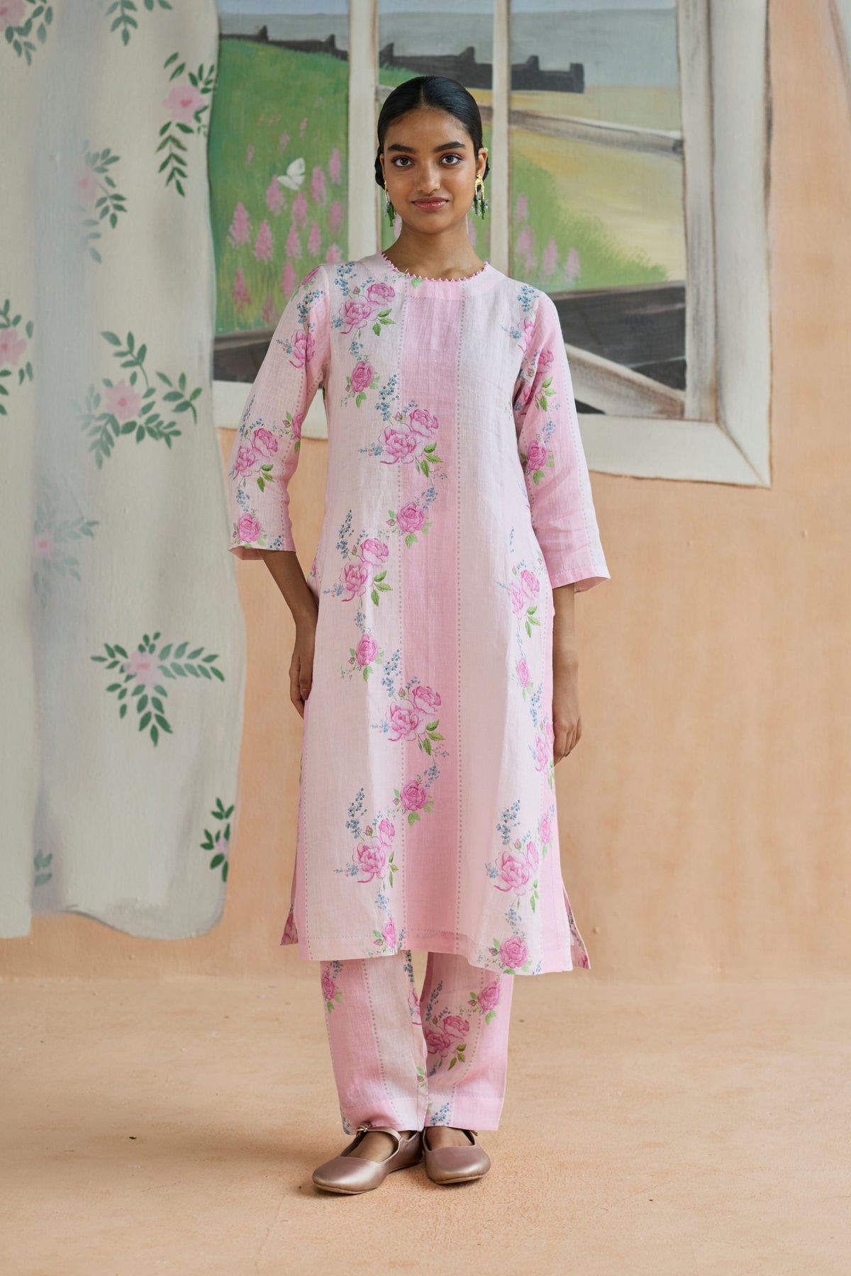 Rose Haze Long Kurta Set Linen