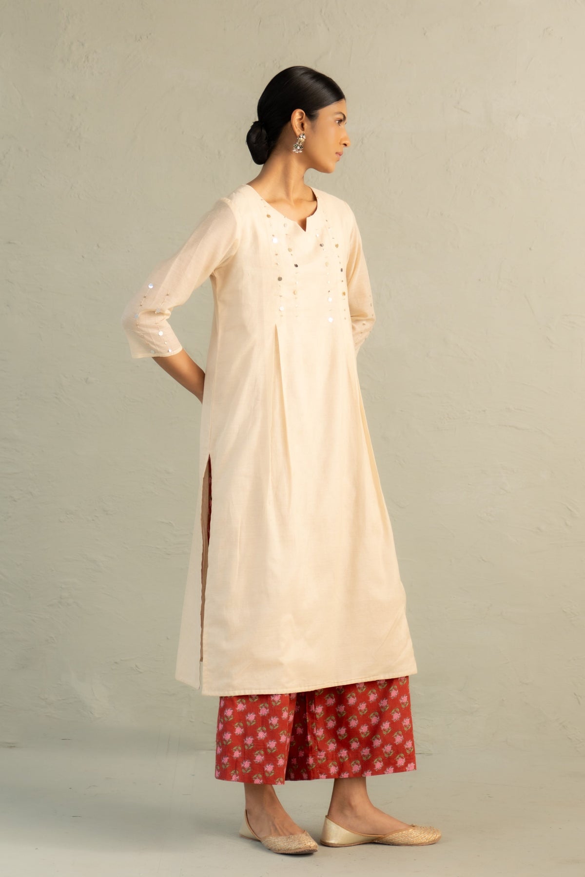 Beige Pleated Kurta Set
