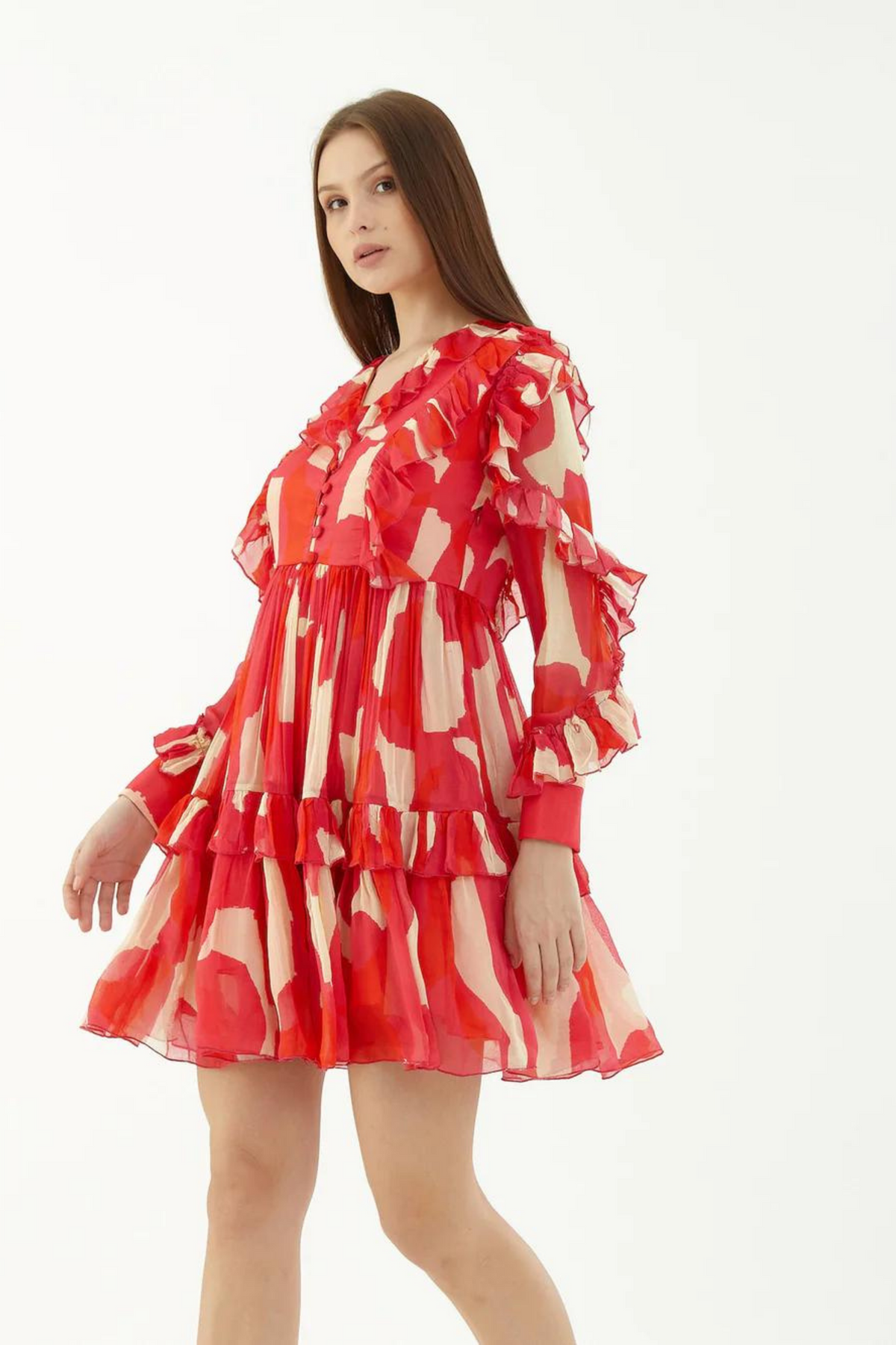 Hot Pink, Red And Beige Abstract Frill Short Dress