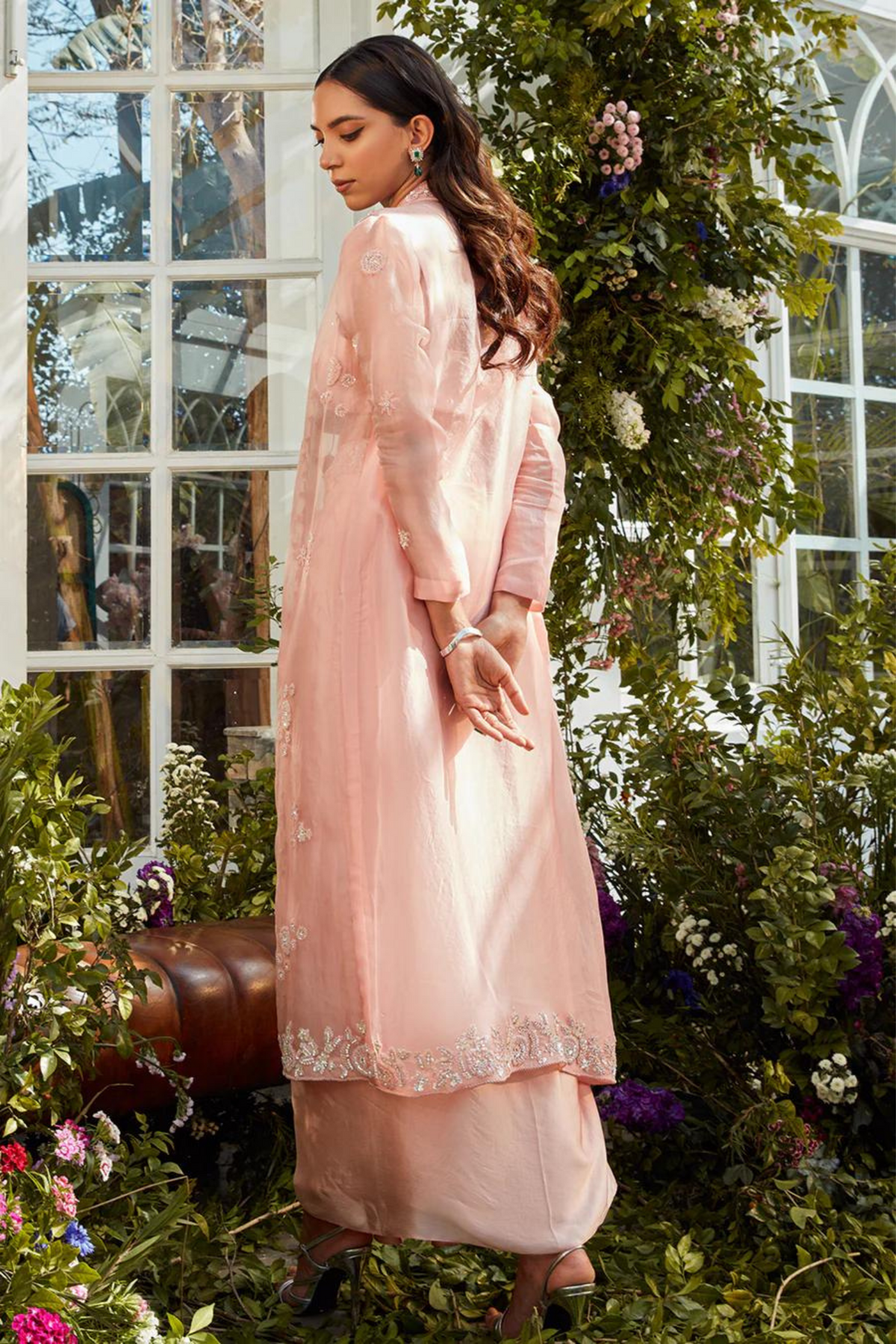 Peacy pink drape skirt set