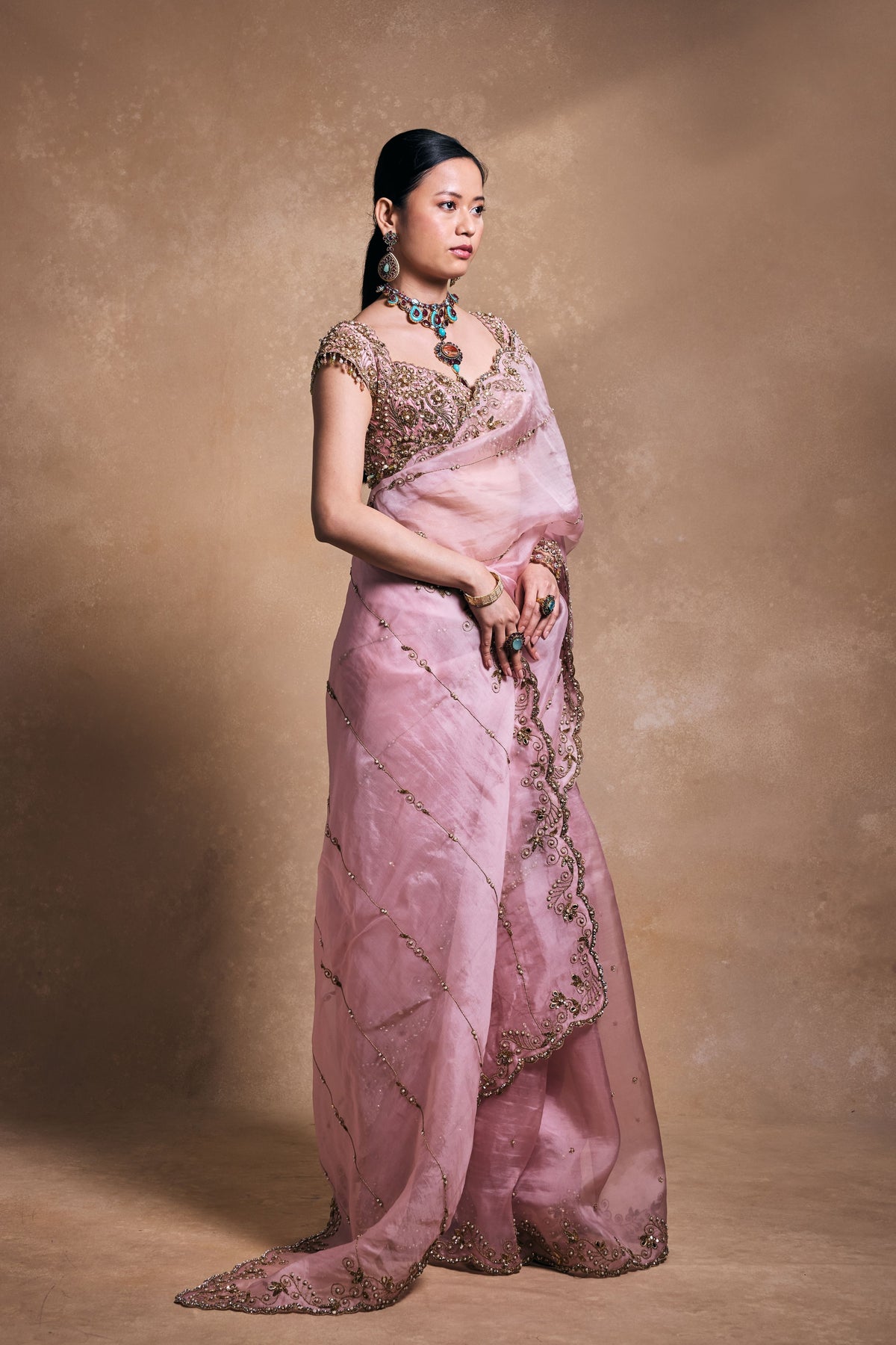 Timeless Blush Organza Saree Set