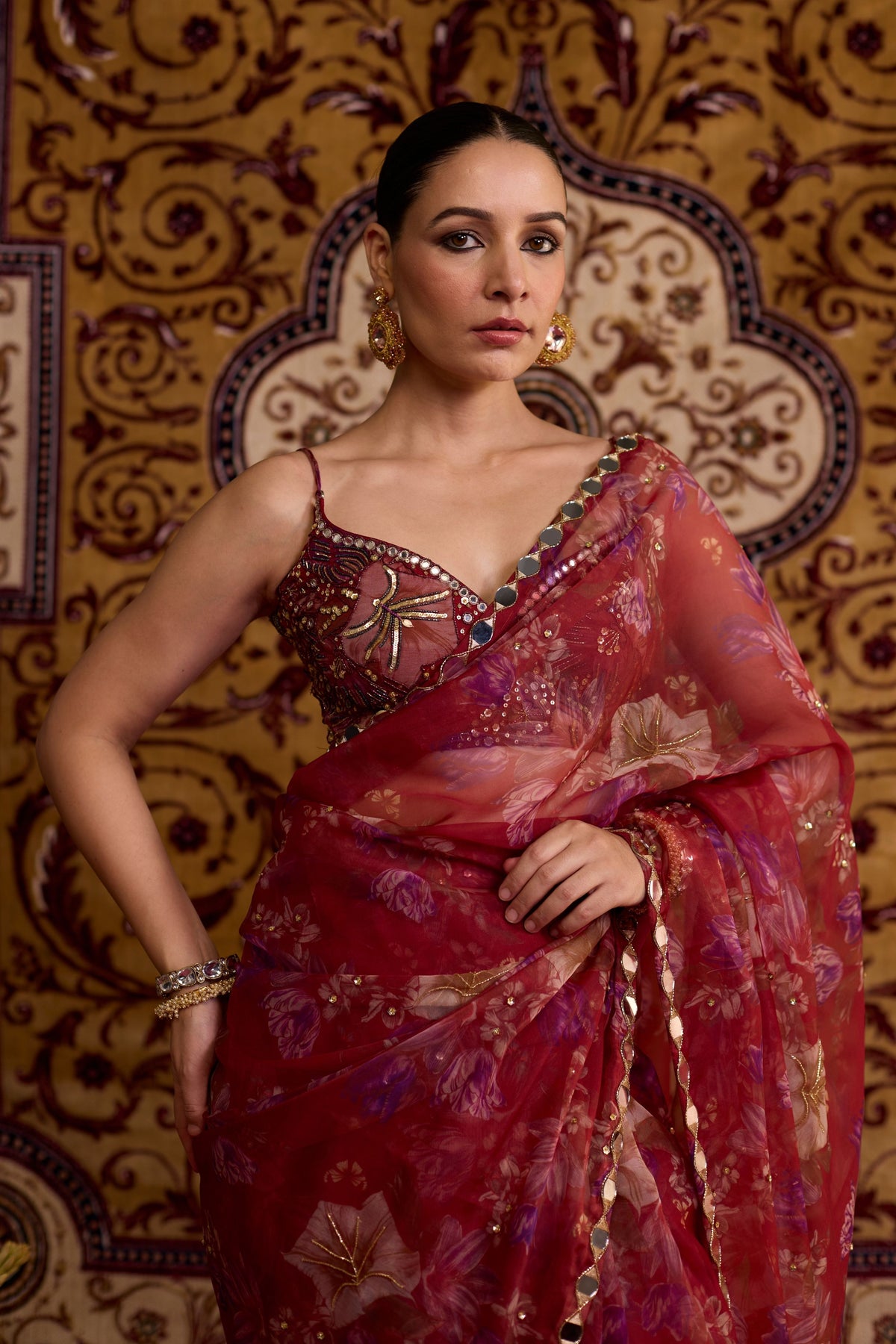 Red Floral Organza Saree Set