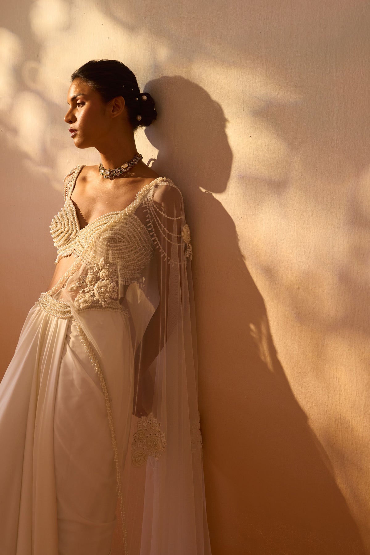 Ivory Pearl Worked Draped Saree