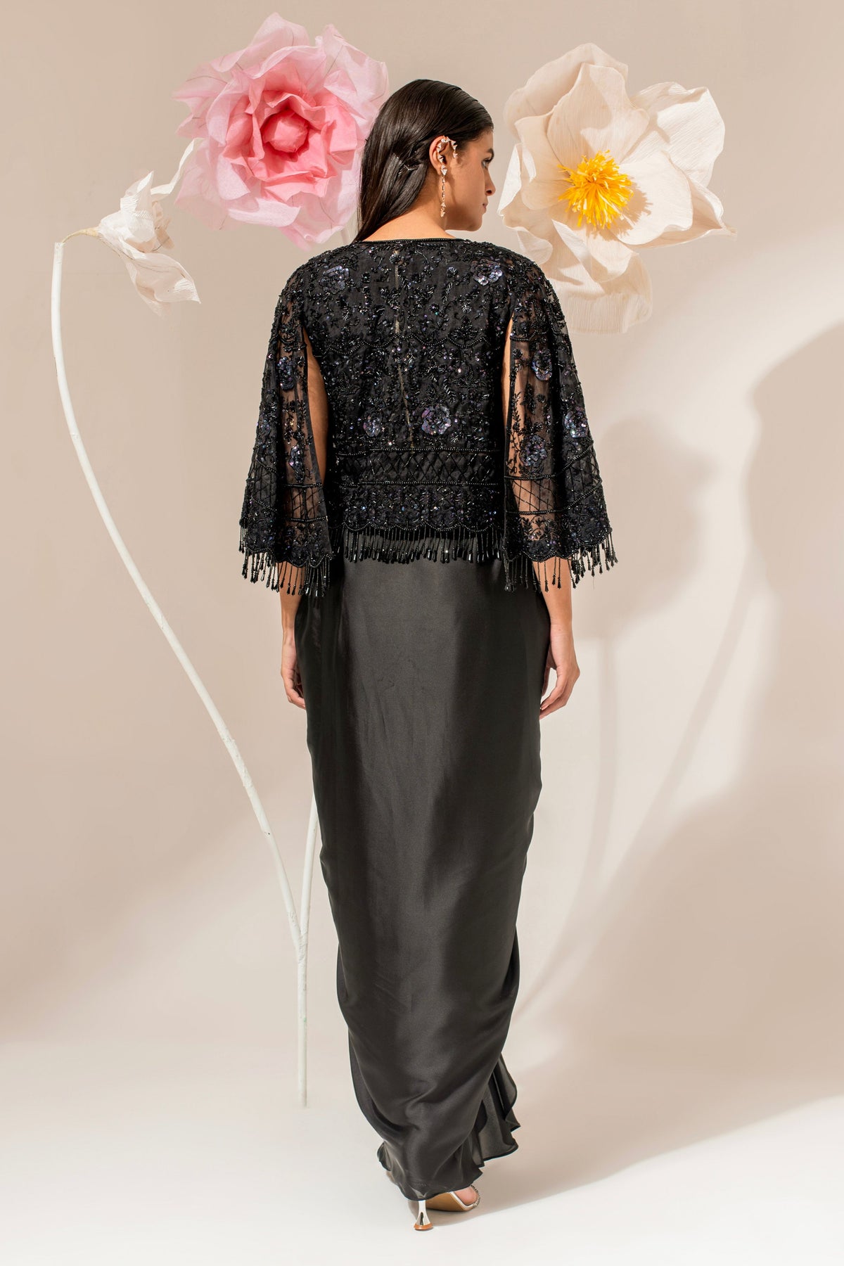 Black Satin Embroidered Cape Set