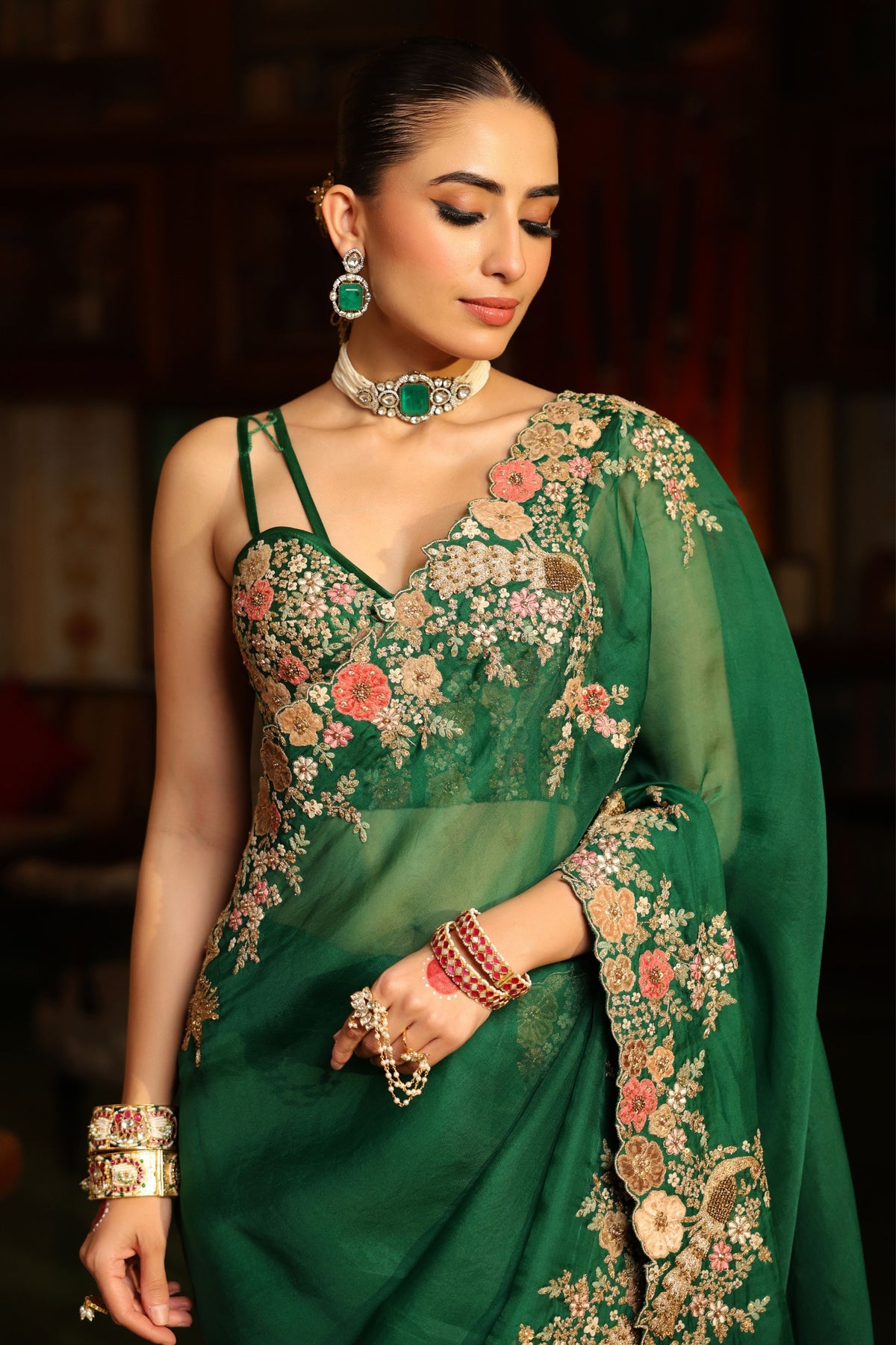 Ahista Green Cutwork Saree Set